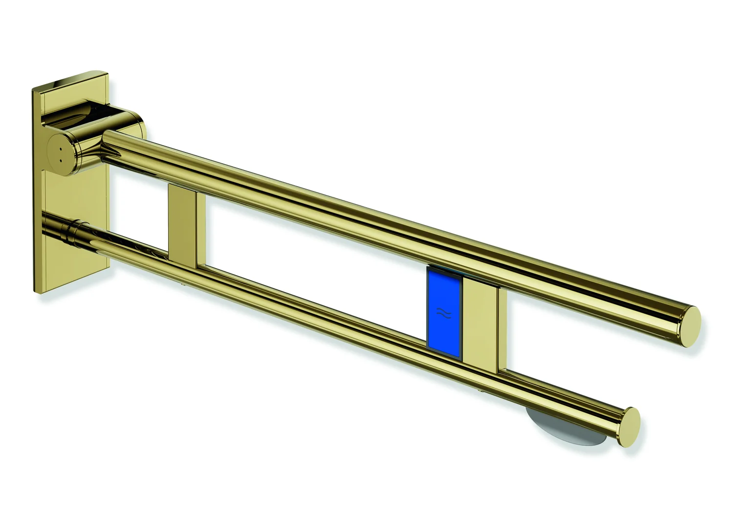 HEWI Stützklappgriff Duo System 900, Design A, Edelstahl PVD gold glänzend, Ausladung 750 mm, mit WC-Papierhalter und Funk-Spülauslösung, links