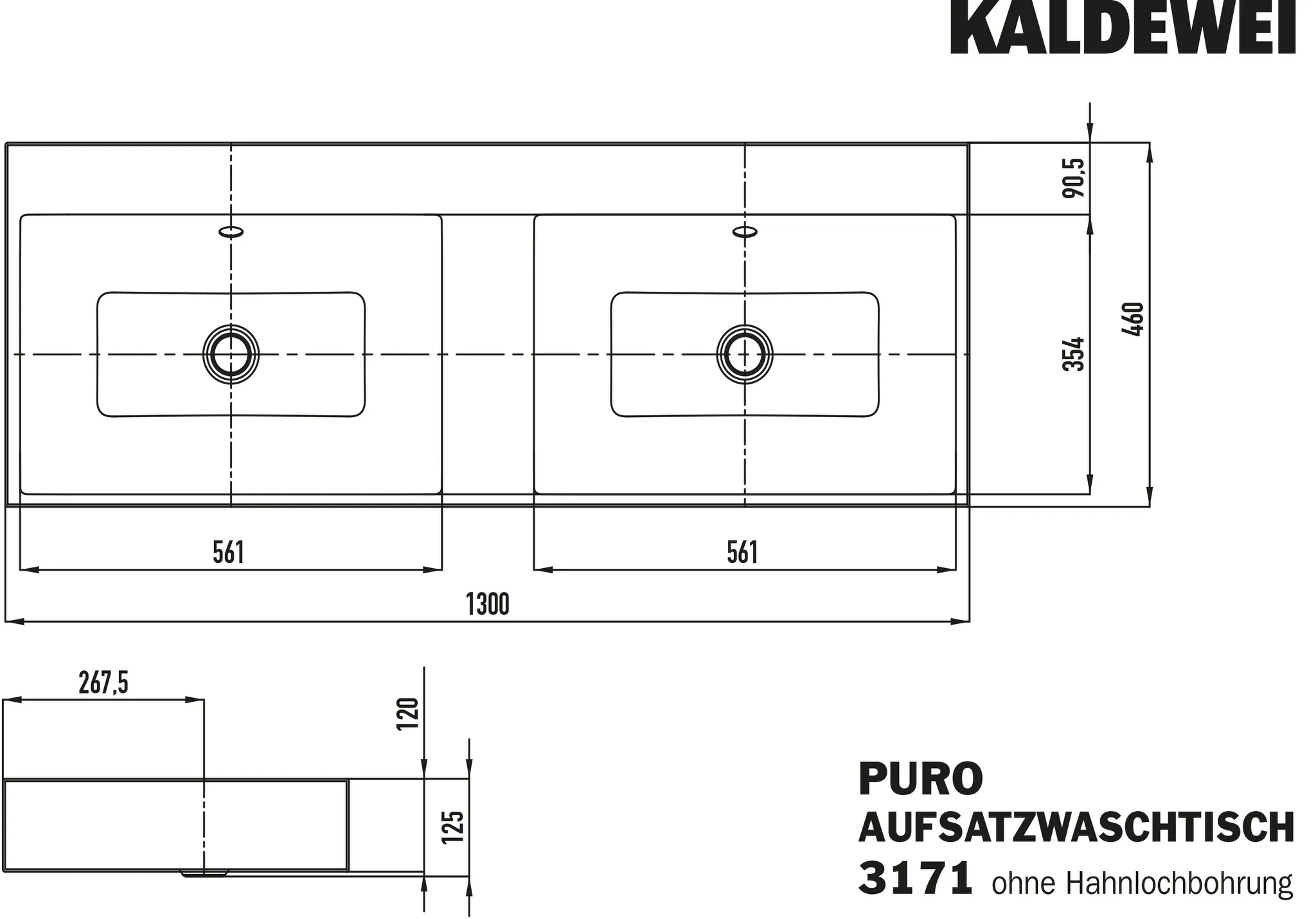 Doppelwaschtisch „Puro“ 130 × 46 cm, mit Überlauf, ohne Hahnlochbohrung in alpinweiß mit Perl-Effekt