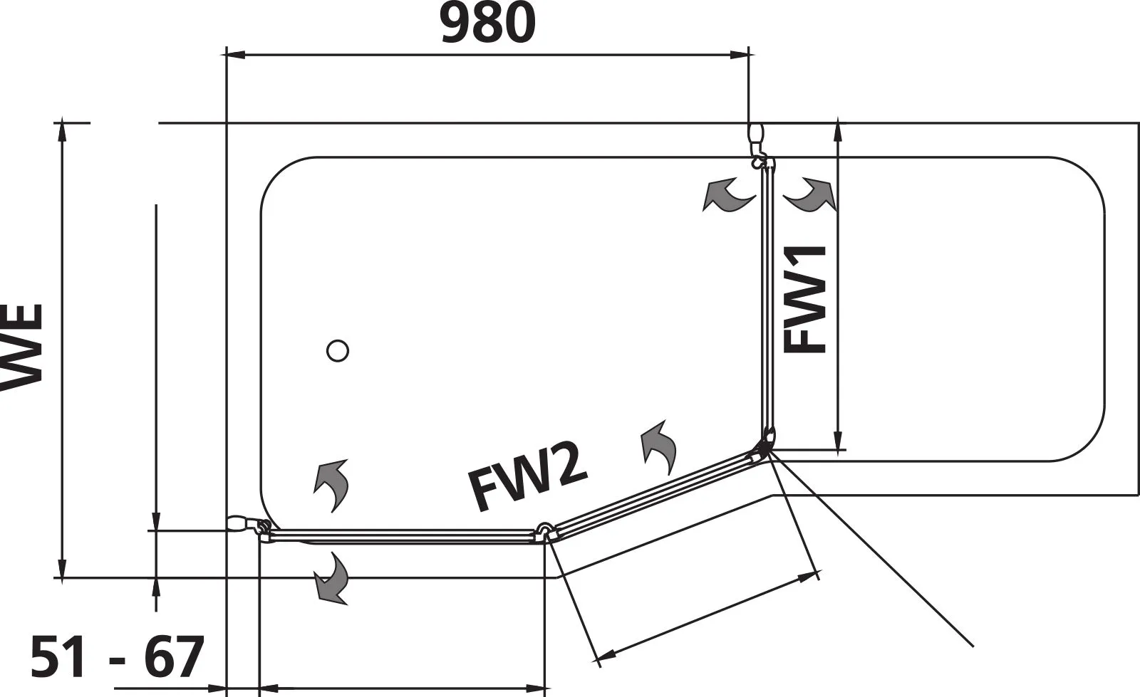 Kermi Badewannenabtrennung Faltwand 2- und 1-flügelig mit Magnetverschluss „VARIO 2000“, Falttür Glas Kerolan Perl, Profile Weiß (RAL 9016), BV: 740 - 763 mm WE: 740 - 763 mm H: 1400 mm