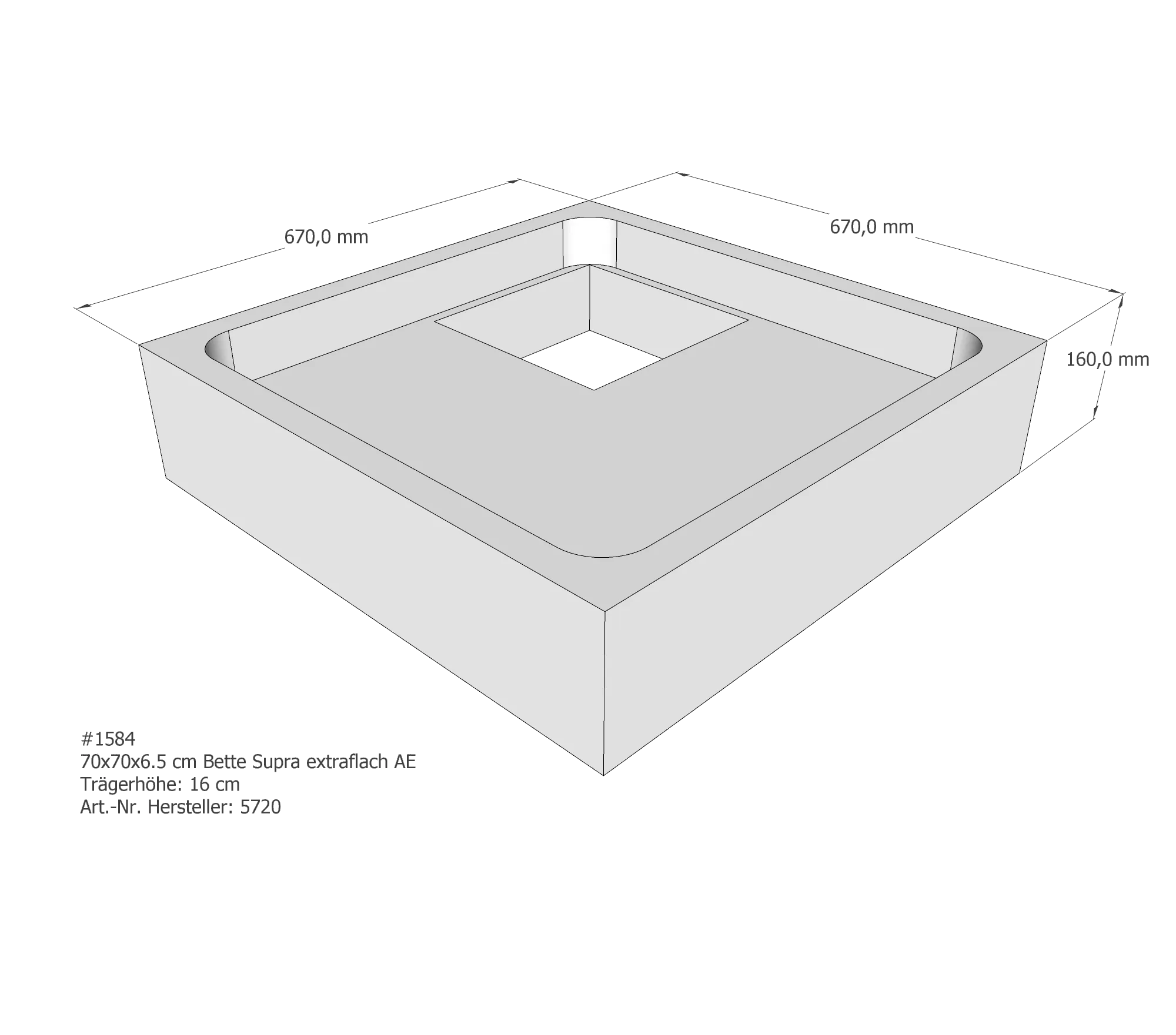 Duschwannenträger für Bette Supra (extraflach) 70 × 70 × 6,5 cm Breite: 70 cm / Länge: 70 cm