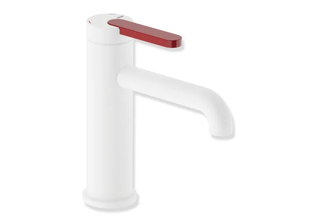 HEWI Einhebel-Waschtischmischer AQ477, pulverbeschichtet in Weiß tiefmatt mit rubinrotem Griffelement, Höhe 172 mm, Ausladung 130 mm, Durchfluss 5 l/min, Keramikkartusche K-35OP, druckfest bis 35 bar HEWI Einhebel-Waschtischmischer AQ477, pulverbeschichtet in Weiß tiefmatt mit rubinrotem Griffelement, Höhe 172 mm, Ausladung 130 mm, Durchfluss 5 l/min, Keramikkartusche K-35OP, druckfest bis 35 bar