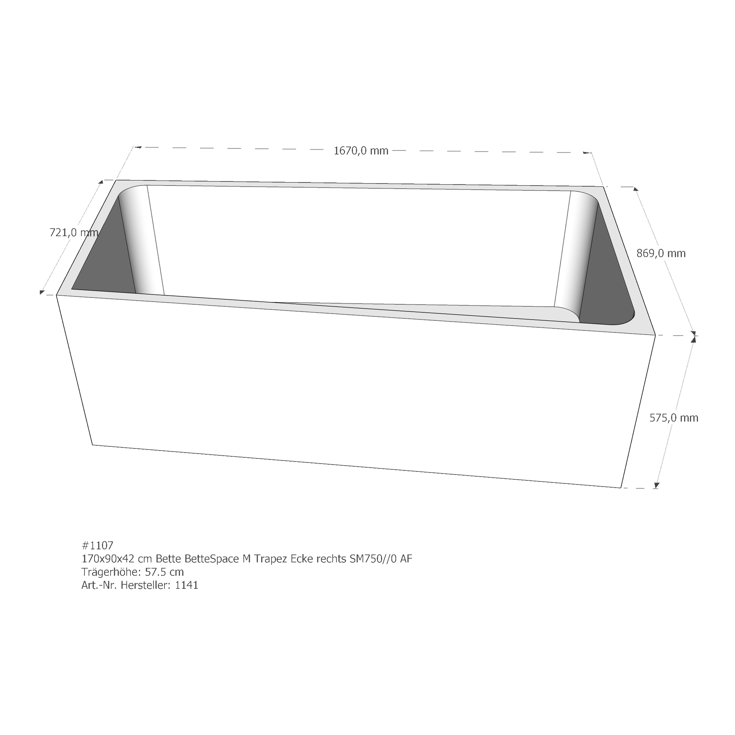 Badewannenträger für Bette Space M rechts 170 × 90 × 42 cm Badewannenträger für Bette Space M rechts 170 × 90 × 42 cm