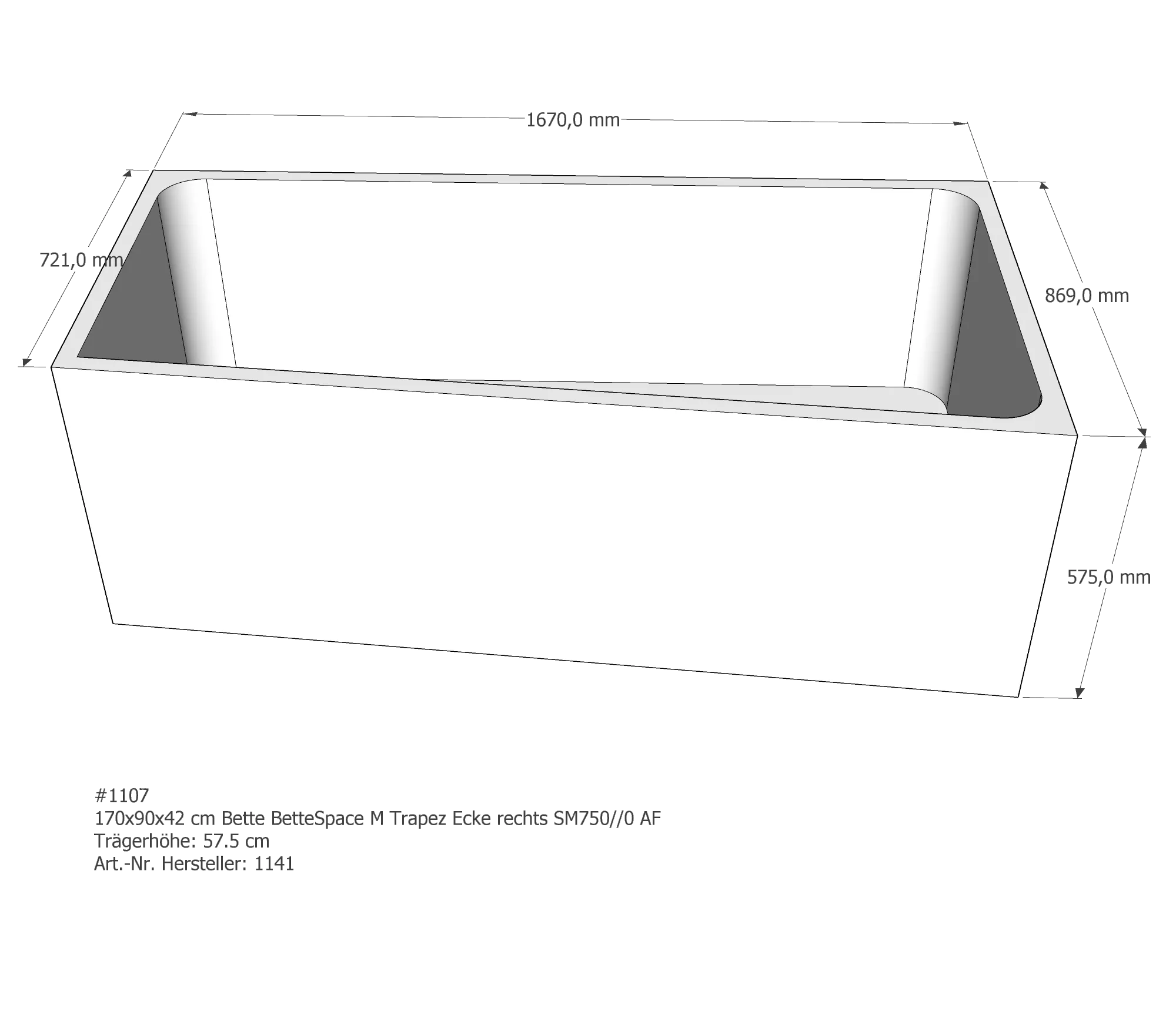 Badewannenträger für Bette Space M rechts 170 × 90 × 42 cm