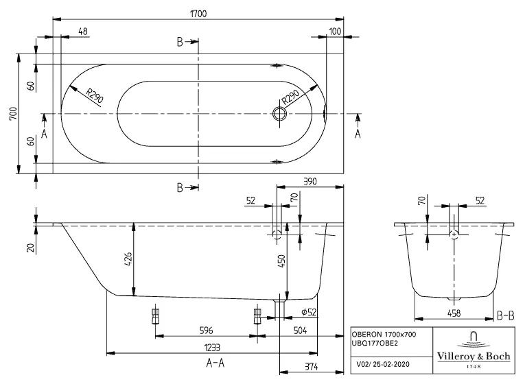 Villeroy & Boch Whirlwanne „Oberon“ mit Whirlsystem „Airpool Comfort“ rechteck 170 × 70 cm, Fußablauf