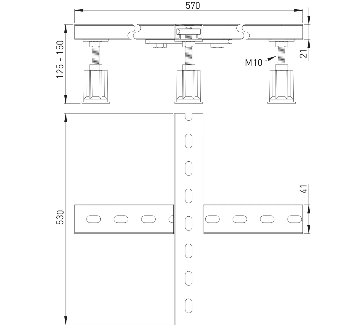 Duschwannenfüße Universal vz, gekreuzt 530 mm, Stellfüße M 10 x 45 mm