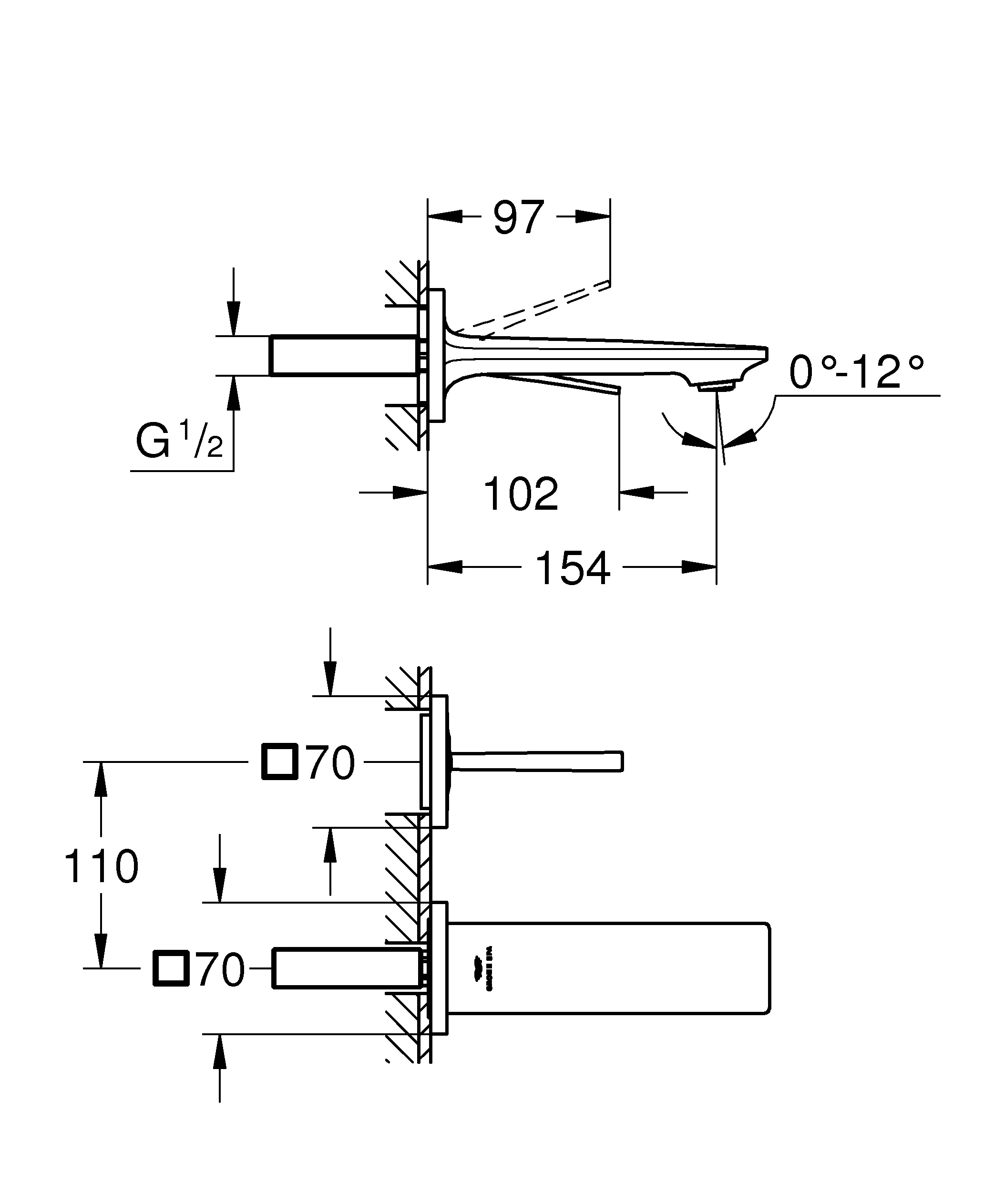 2-Loch-Waschtischbatterie Allure 19309, Wandmontage, Fertigmontageset 33 769, Ausladung 172 mm, chrom