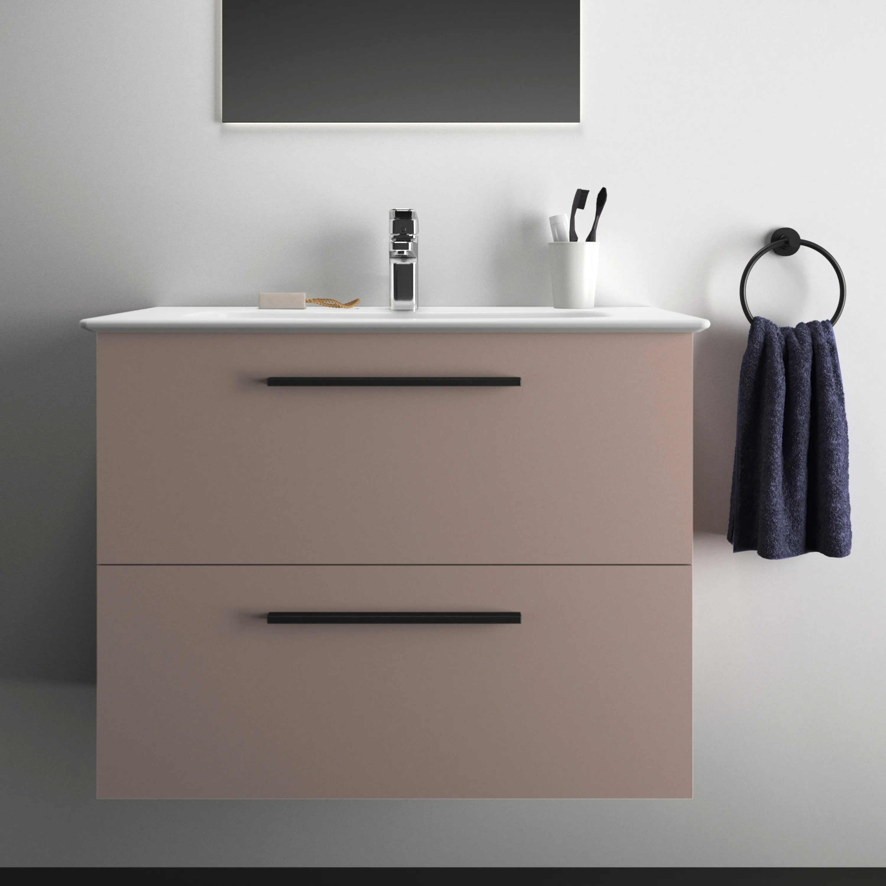 Möbelpaket i.life A mit Waschtisch 80cm und Unterschrank mit schwarzem Griff Weiß matt