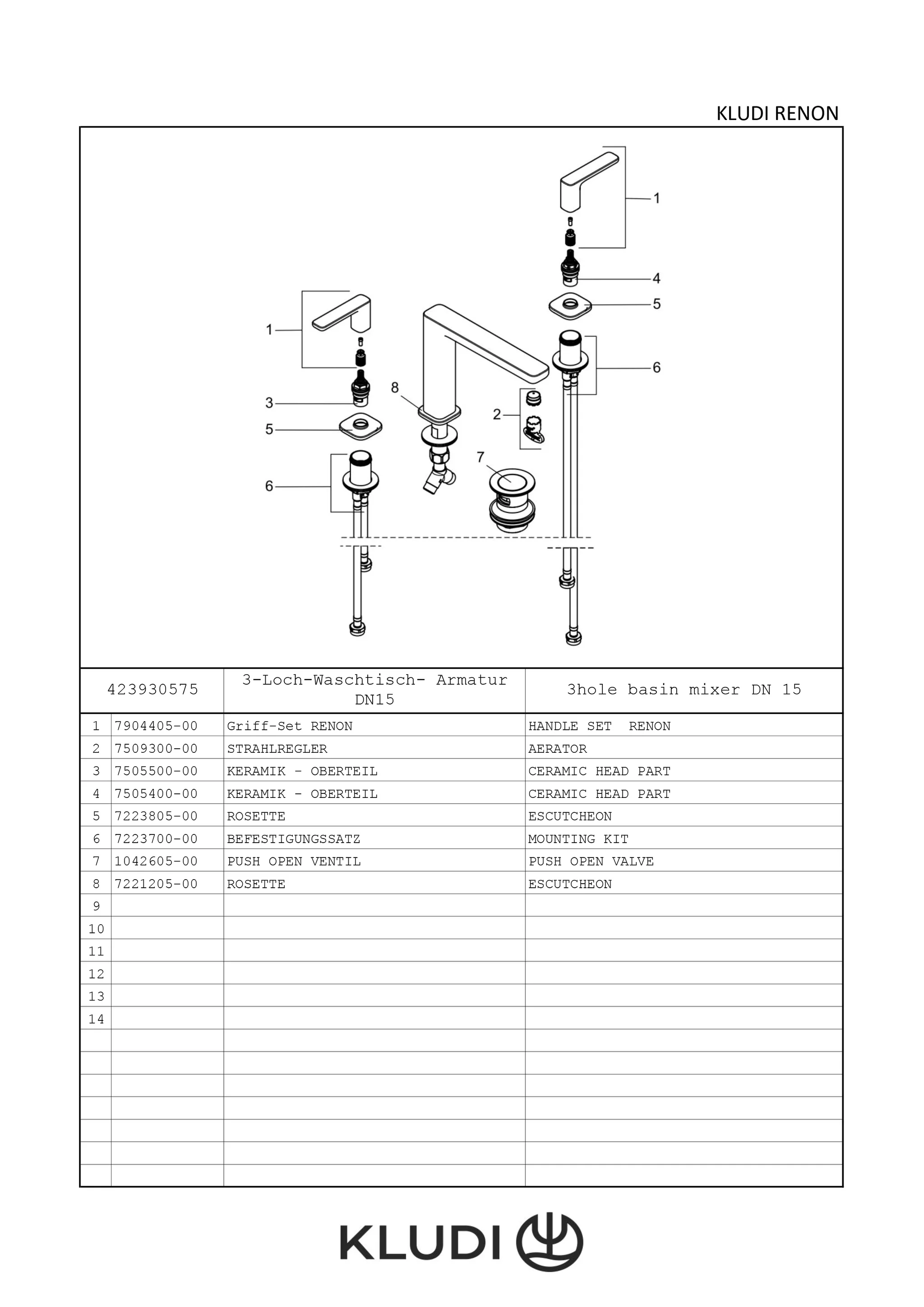 Kludi RENON 3-Loch Waschtisch-Armatur in Chrom, DN 15, Push Open, DVGW-zugelassen, für Waschtische mit Überlauf Kludi RENON 3-Loch Waschtisch-Armatur in Chrom, DN 15, Push Open, DVGW-zugelassen, für Waschtische mit Überlauf