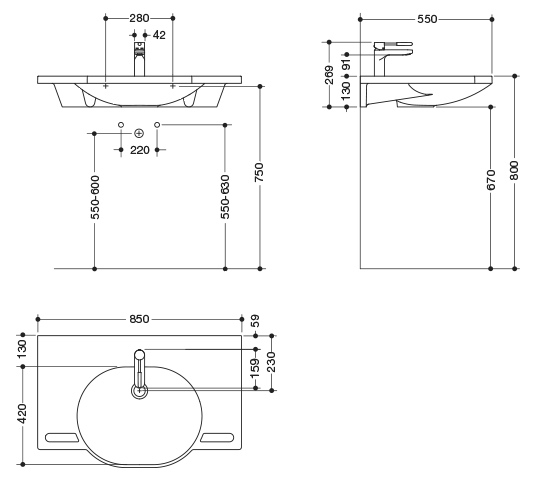 Set-Waschtisch und Armatur 950.19.015 99 85 × 41,5 × 11 cm in Lichtgrau