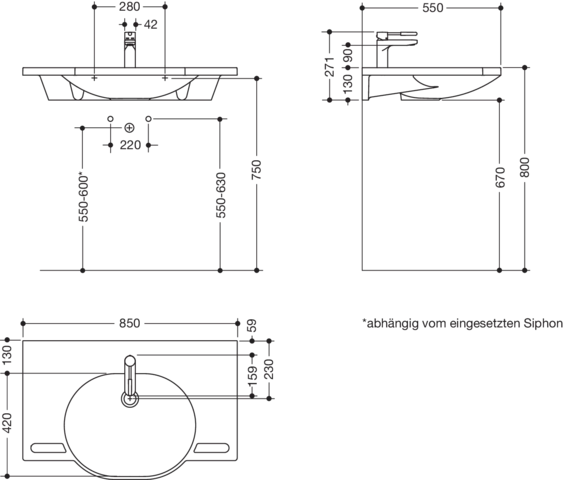 Set-Waschtisch und Armatur 85 × 41,5 × 11 cm in Lichtgrau