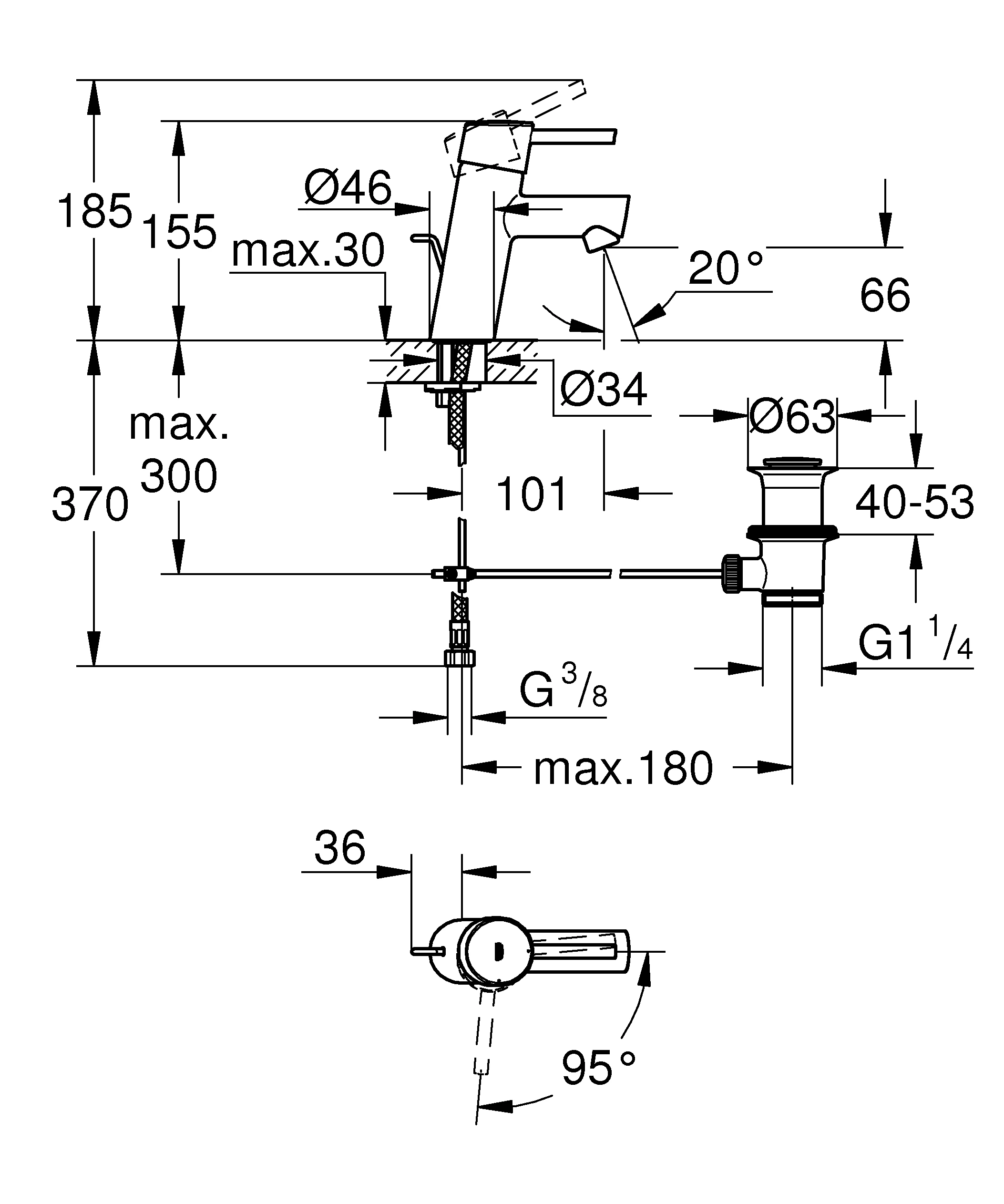 Einhand-Waschtischbatterie Concetto 23380_1, S-Size, Einlochmontage, Energie-Spar-Funktion Mittelstellung kalt, Zugstangen-Ablaufgarnitur 1 1/4″, chrom