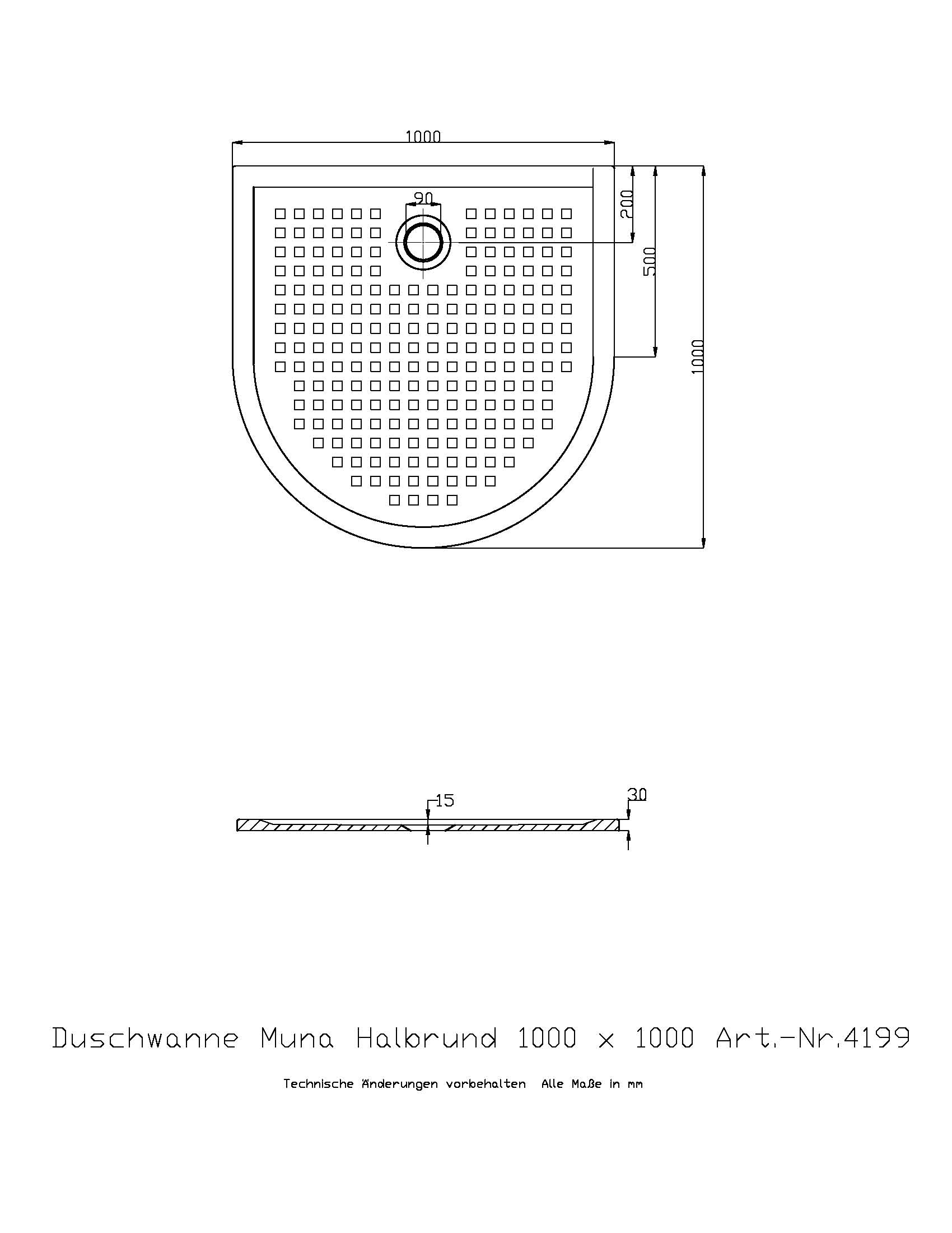 Duschwanne „Muna“ Halbkreis 100 × 100 cm in Weiß
