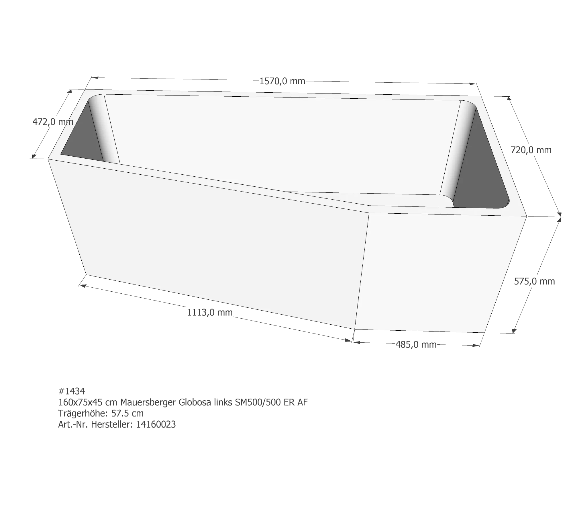 Badewannenträger passend für Mauersberger Globosa links 160 × 75 × 45 cm
