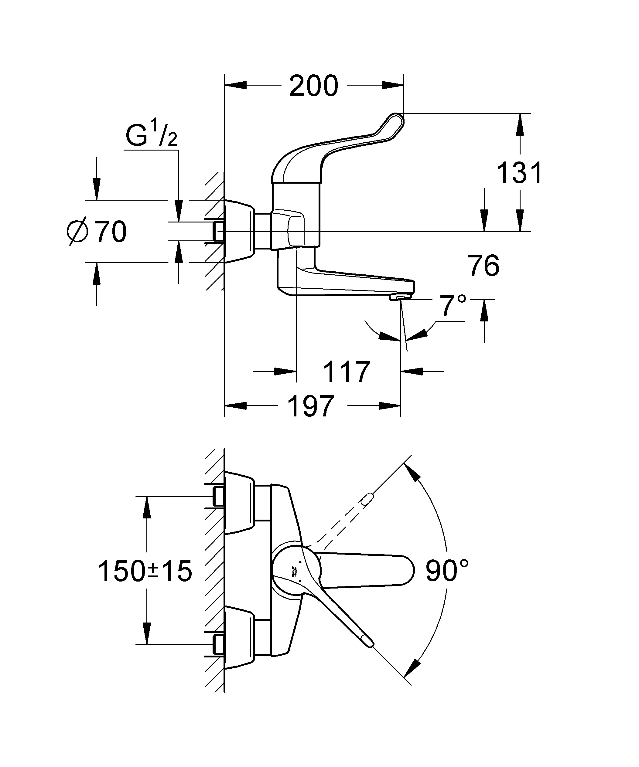 Einhand-Sicherheitsmisch-Waschtischbatterie Euroeco Special 32792, Wandmontage, Ausladung 197 mm, Hebellänge 120 mm, chrom