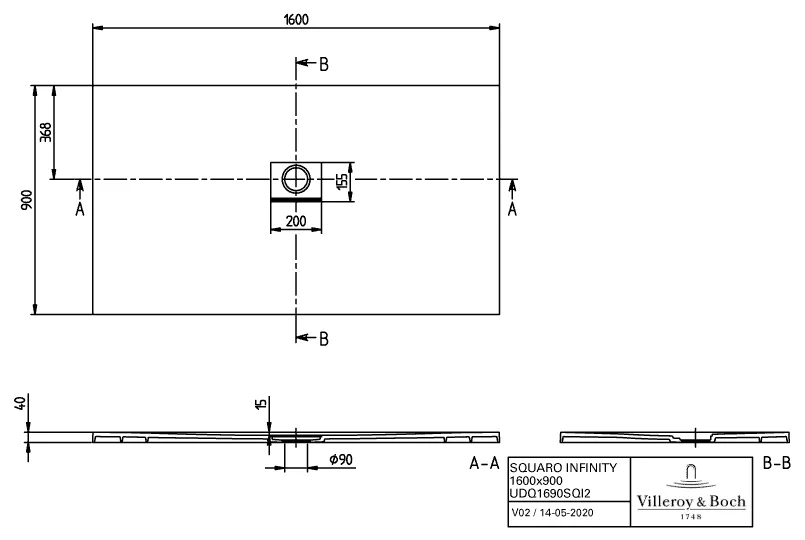 Villeroy & Boch rechteck Duschwanne „Squaro Infinity“ 160 × 90 cm