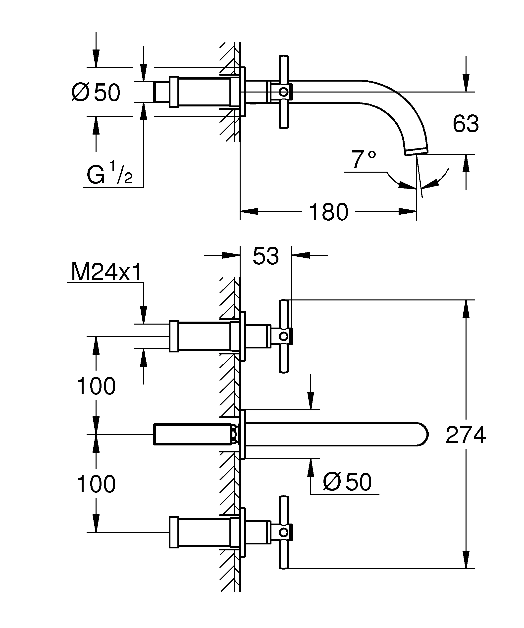 3-Loch-Waschtisch-Batterie Atrio 20661, Wandmontage, Fertigmontageset für 29 025 002, mit Kreuzgriffen, Ausladung 180 mm, chrom