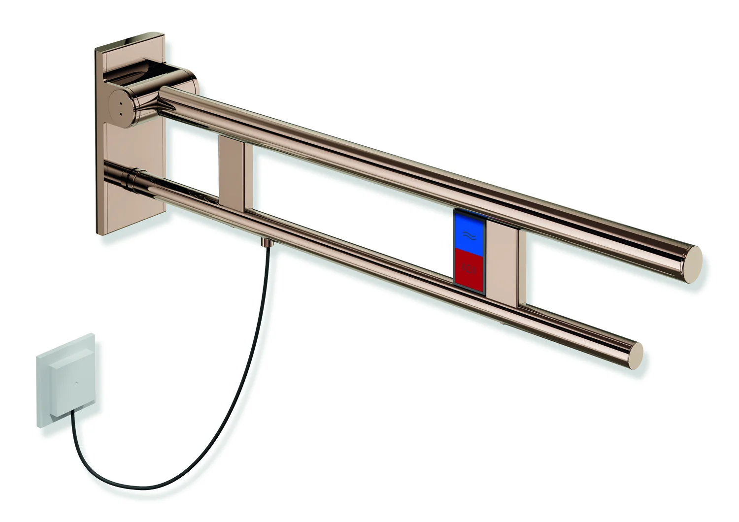 HEWI Stützklappgriff Duo System 900 Design A, Edelstahl PVD Kupfer glänzend, Ausladung 750 mm, links, mit Spül-/Funktionstasten E-Ausführung