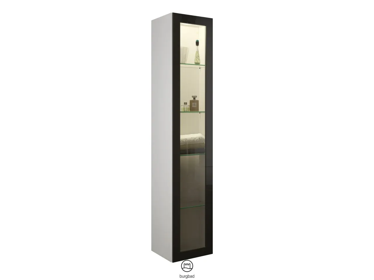 Hochschrank, 1 Alurahmentür mit Rauchglaseinsatz in Bronze;4 Glaseinlegeböden;LED-Innenbeleuchtung, 5 W, 4000 K;Energieeffizienzklasse F;für Raumschaltung;IP20, Tiefe: 320 mm, Breite: 350 mm, Höhe: 1760 mm