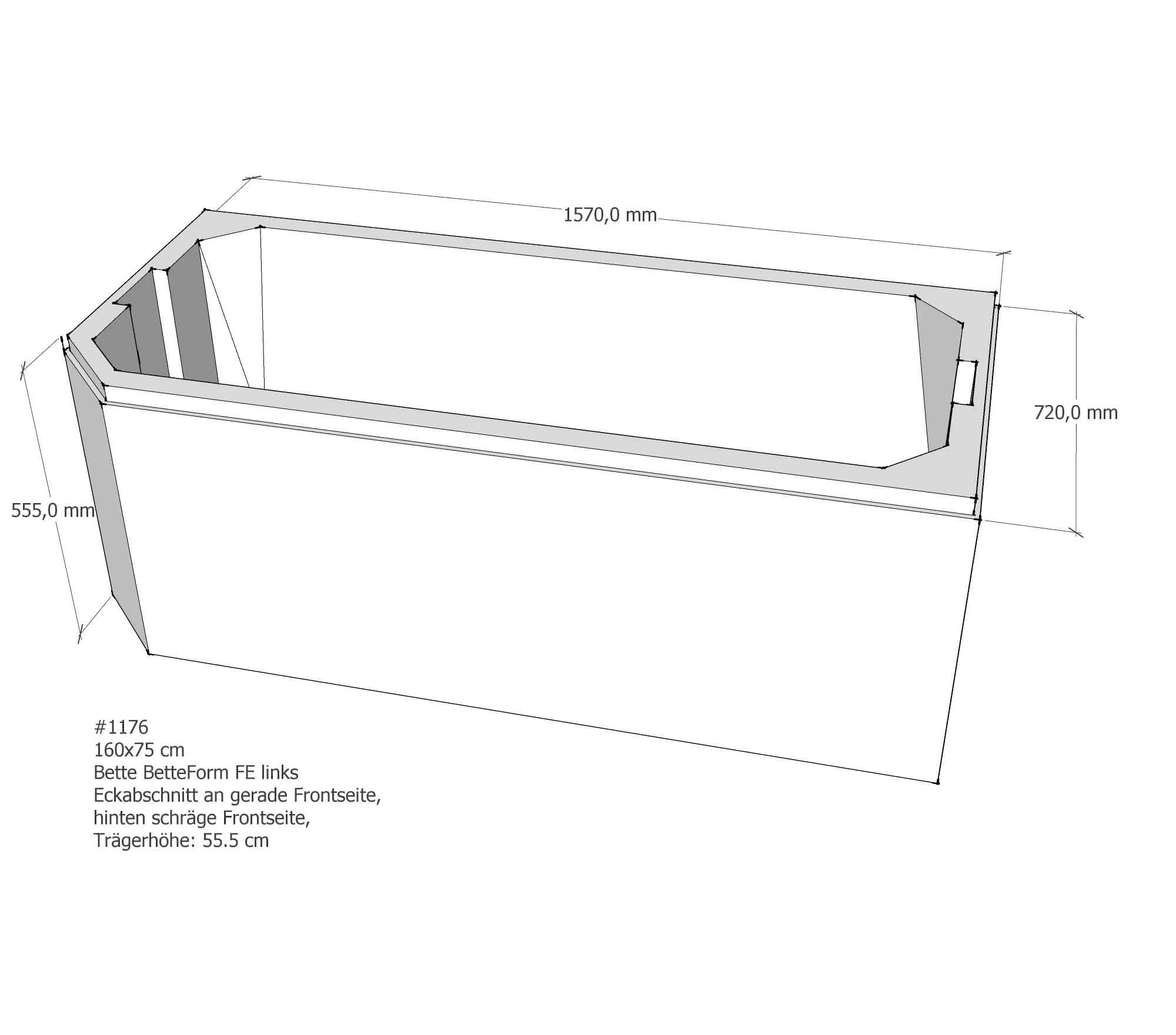Badewannenträger für Bette Profi-Form FE links gerade Frontseite 160 × 75 × 42 cm