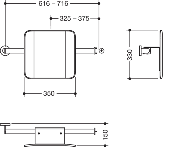 Rückenstütze, System 900, Anbindung Edst. PVD., Lehne Kst., weiß, Achsmaß verstellbar 616-716 mm, T: 150 mm, einseitig Wandmontage mit Rosetten (rechts), einseitig Montage an SK-Griffen, Design (A) (links), in Farbe CK (messing glänzend)