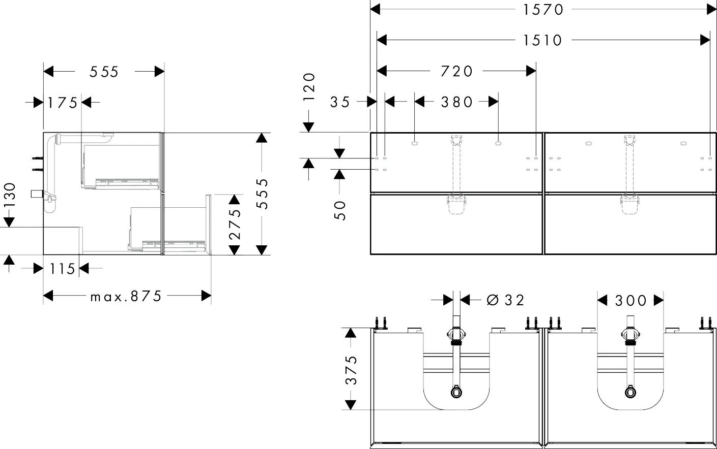 Hansgrohe Xevolos E Waschtischunterschrank Mattweiß 1570x550 mm mit 4 Schubkästen, griff- und siphonausschnittlos, SoftClose, PushOpen, vormontiert