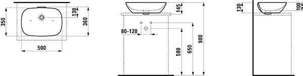 Waschtisch-Schale INO 350x500x145 ohne Hahnloch mit Überlauf weiß