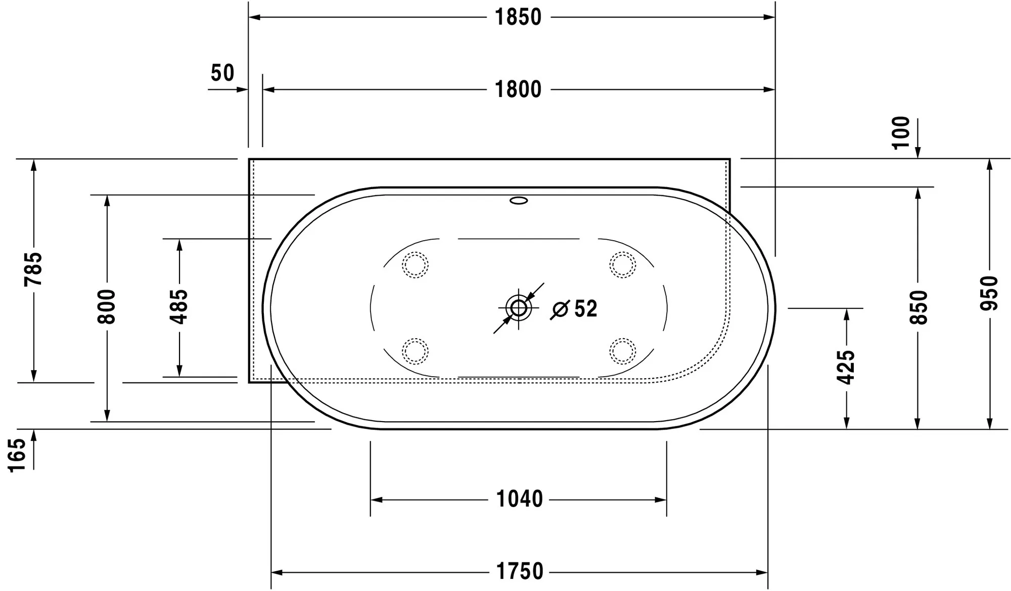 Duravit Whirlwanne „Luv“ vorwand oval 185 × 95 cm, links