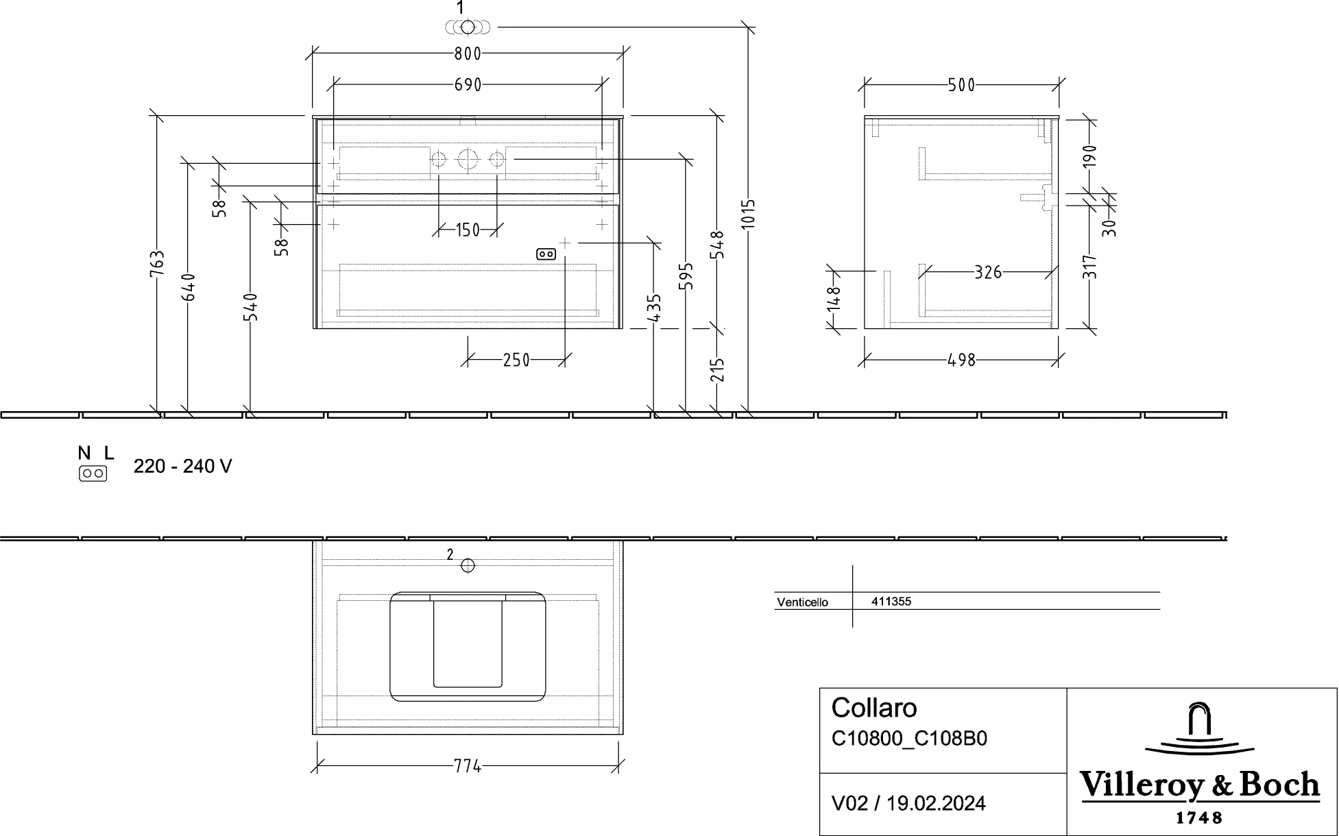 Villeroy & Boch Waschtischunterschrank „Collaro“ 800 × 548 × 500 mm White Oak, ohne Beleuchtung, für Becken mittig