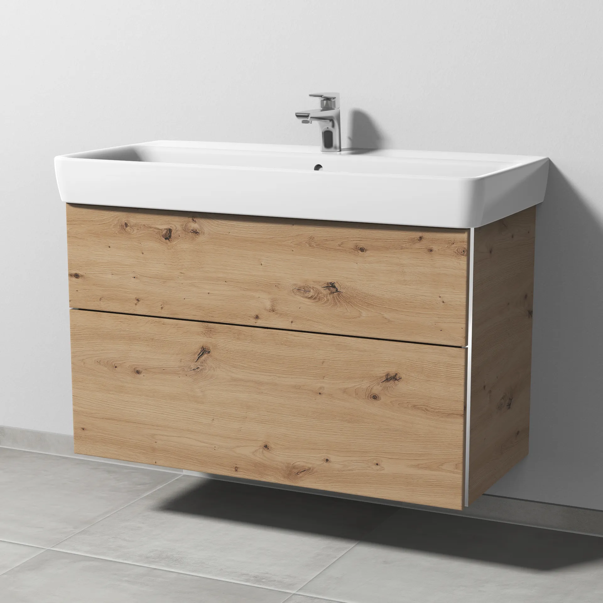 Sanipa Waschtischunterschrank „3way“ passend zu Keramik-Waschtische Renova Plan von Geberit 940 × 588 × 447 mm in Eiche Natural-Touch, Becken mittig