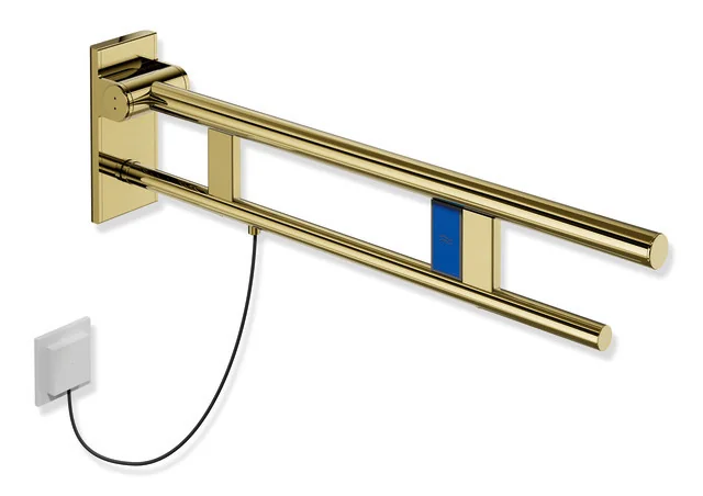 HEWI Stützklappgriff Duo System 900, Design A, Edelstahl PVD gold glänzend, Ausladung 750 mm, links, mit Spülauslösung