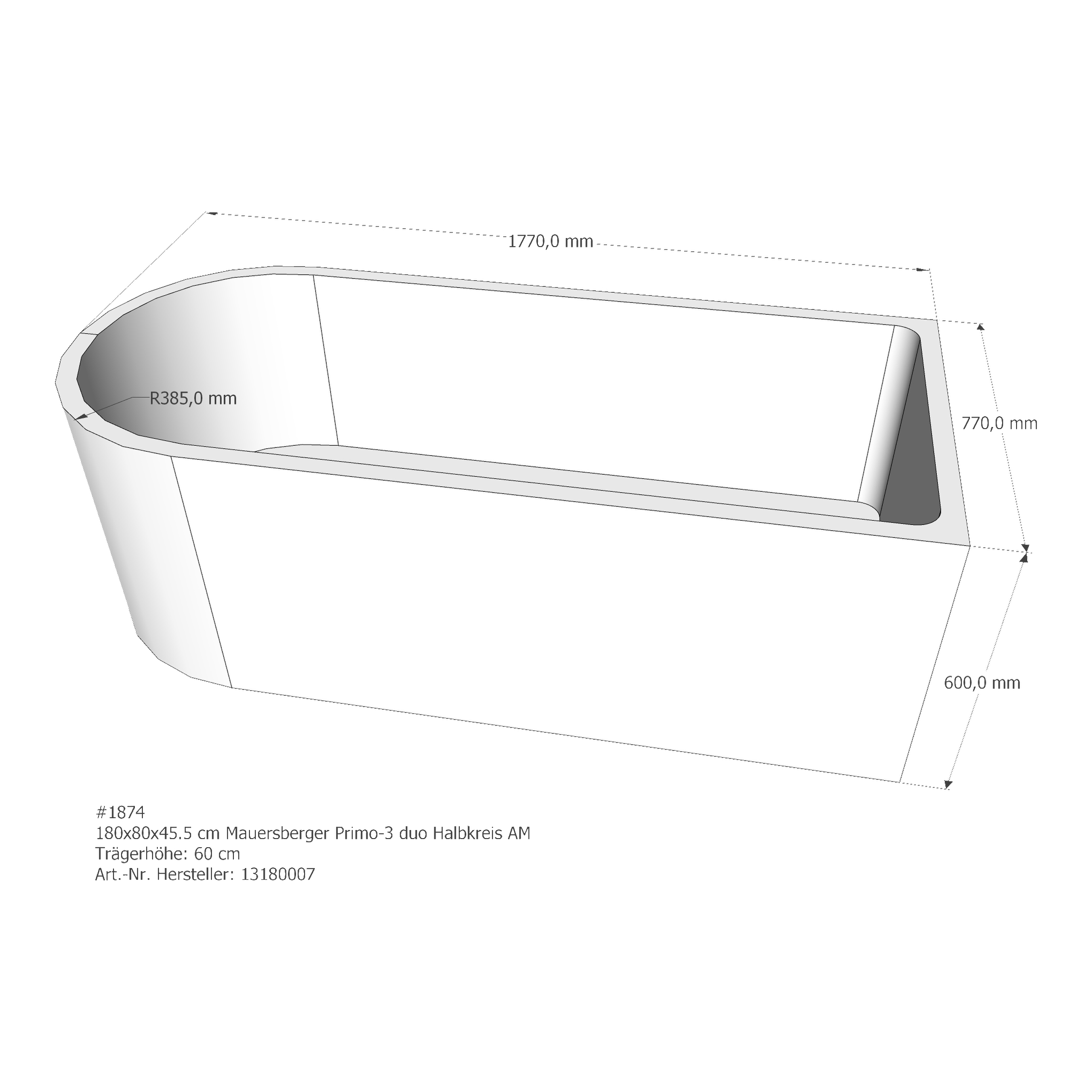 Badewannenträger für Mauersberger Primo 3 duo 180 × 80 × 45,5 cm