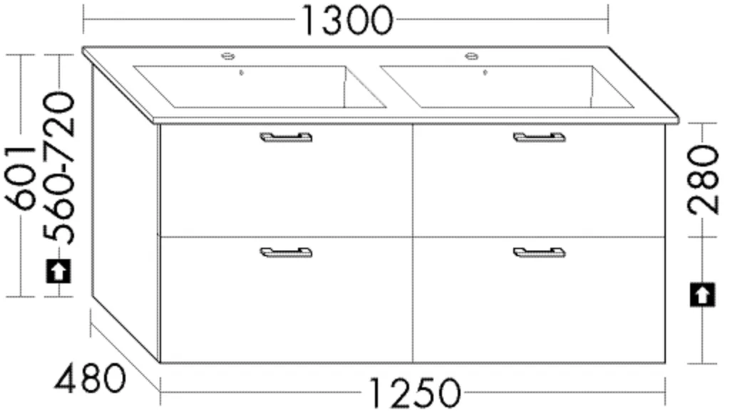 Waschtischunterschrank Sys30 von burgbad – 1250 mm breit, 480 mm tief, 601 mm hoch, 2 Schubladen oben mit Siphonausschnitt, 2 Auszüge unten