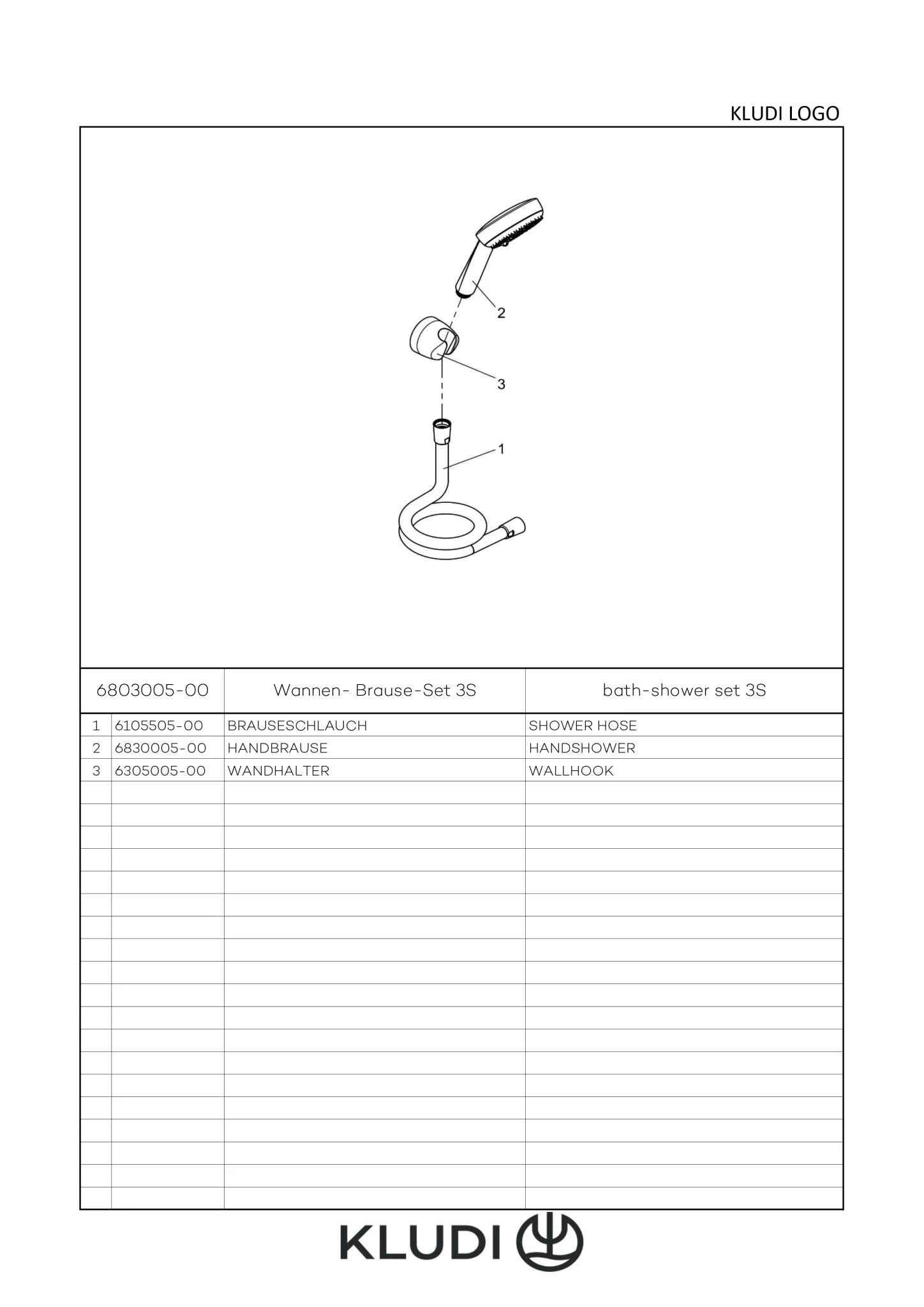 Kludi LOGO NEO Wannen-Brause-Set mit Kludi LOGO 3S Handbrause DN 15, umstellbar auf 3 Strahlarten: Brauseregen, Softstrahl, Booster, Kludi LOGOFLEX-Schlauch kunststoffummantelt, G 1/2 x G 1/2 x 1250 mm, starrer Wand-Brausehalter mit Schrauben und Dübeln