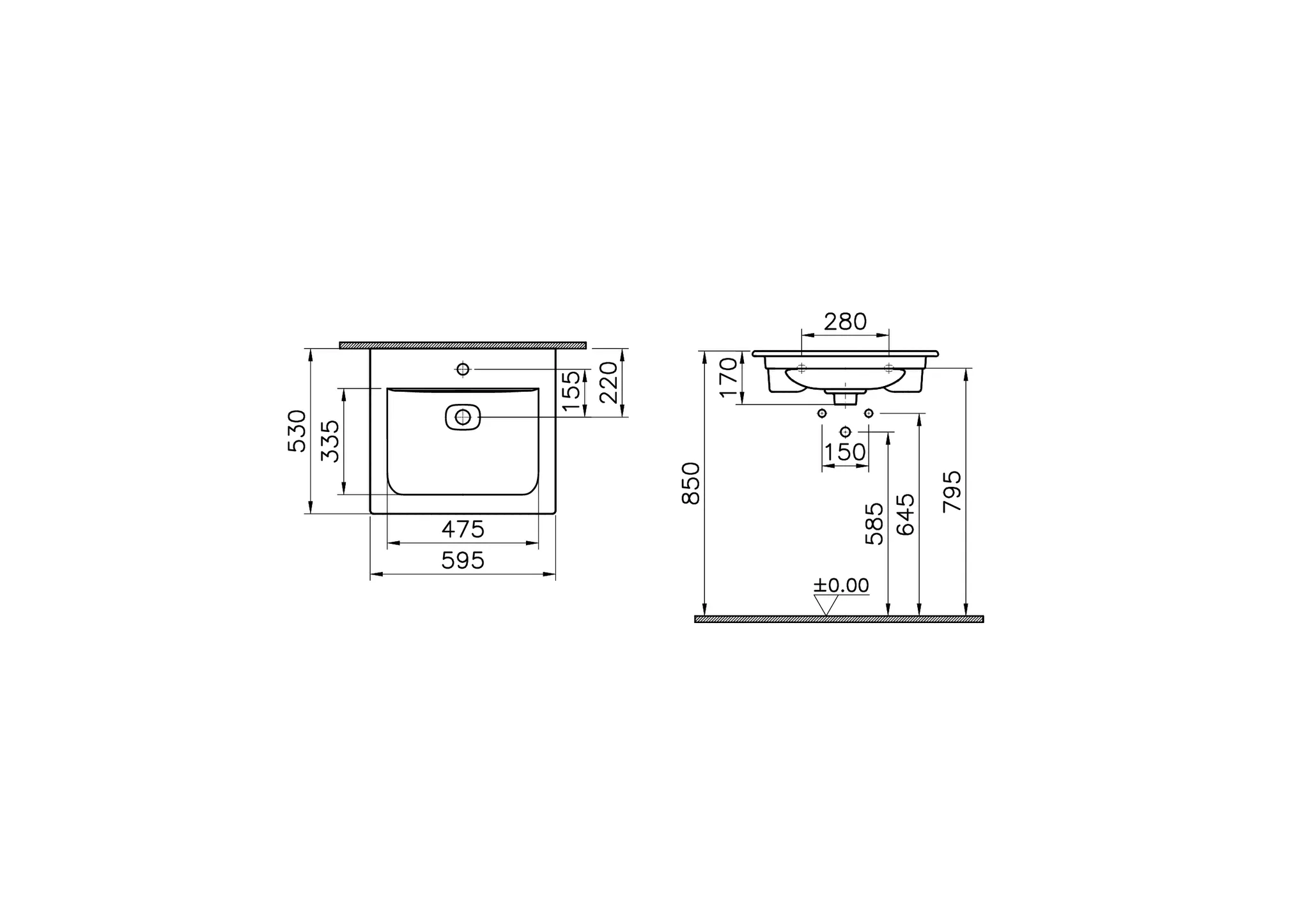 VitrA New Metropole Möbelwaschtisch wandgebunden rechteckig 60 x 53 cm Edelweiß