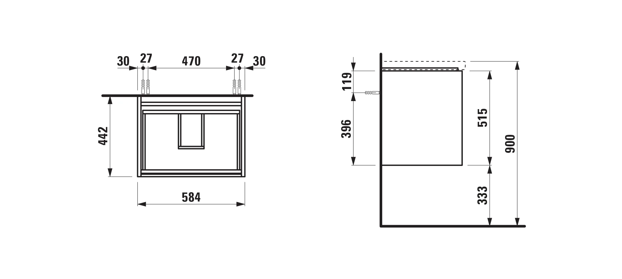 Waschtischunterbau LANI 442x584x515 mit 2 Schubladen integrierter Griffleiste Vollauszug und Soft-Close für Waschtisch LUA H810083 weiß matt