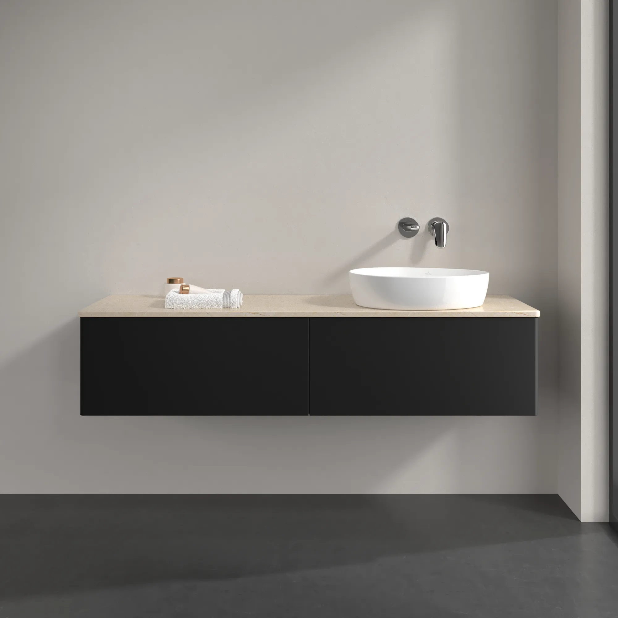 Villeroy & Boch Waschtischunterschrank „Antao“ 1600 × 360 × 500 mm Black Matt Lacquer, für Becken rechts, mit Beleuchtung Villeroy & Boch Waschtischunterschrank „Antao“ 1600 × 360 × 500 mm Black Matt Lacquer, für Becken rechts, mit Beleuchtung