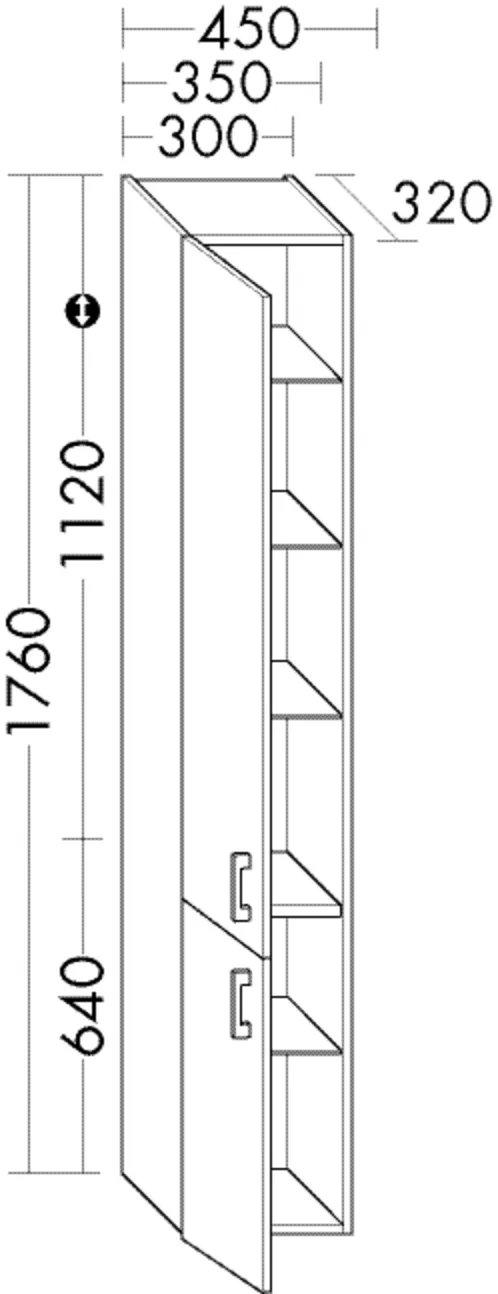 Hochschrank, 2 Türen;4 Glaseinlegeböden;1 fester Boden;2 Ablagen an der Tür, Tiefe: 320 mm, Breite: 300 mm, Höhe: 1760 mm