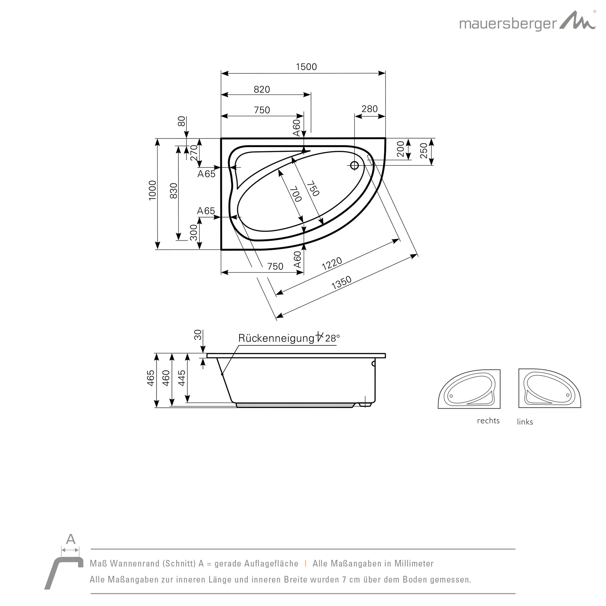 Mauersberger aspera Acryl-Badewanne 150⁄100 rechts, weiß