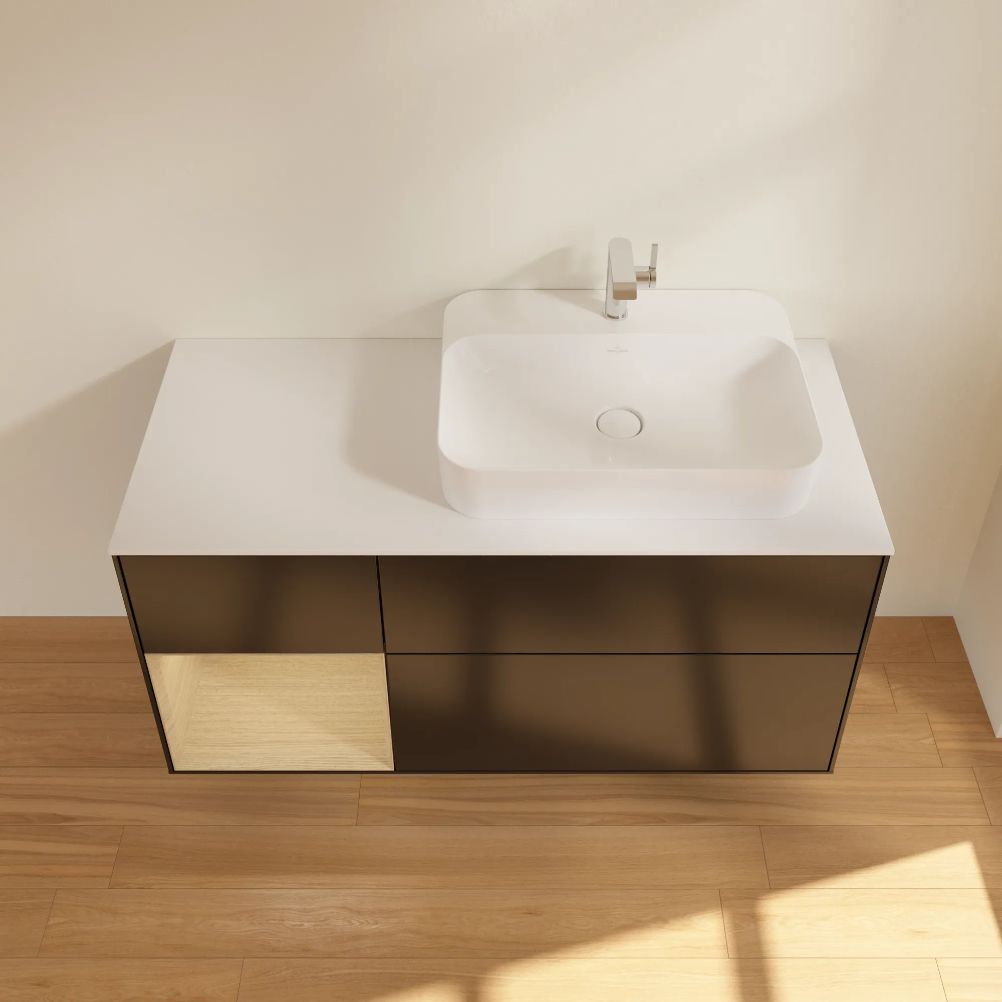 Villeroy & Boch Waschtischunterschrank „Finion“ für Schrankwaschtisch 1200 × 603 × 501 mm Black Matt Lacquer, für Becken rechts Villeroy & Boch Waschtischunterschrank „Finion“ für Schrankwaschtisch 1200 × 603 × 501 mm Black Matt Lacquer, für Becken rechts