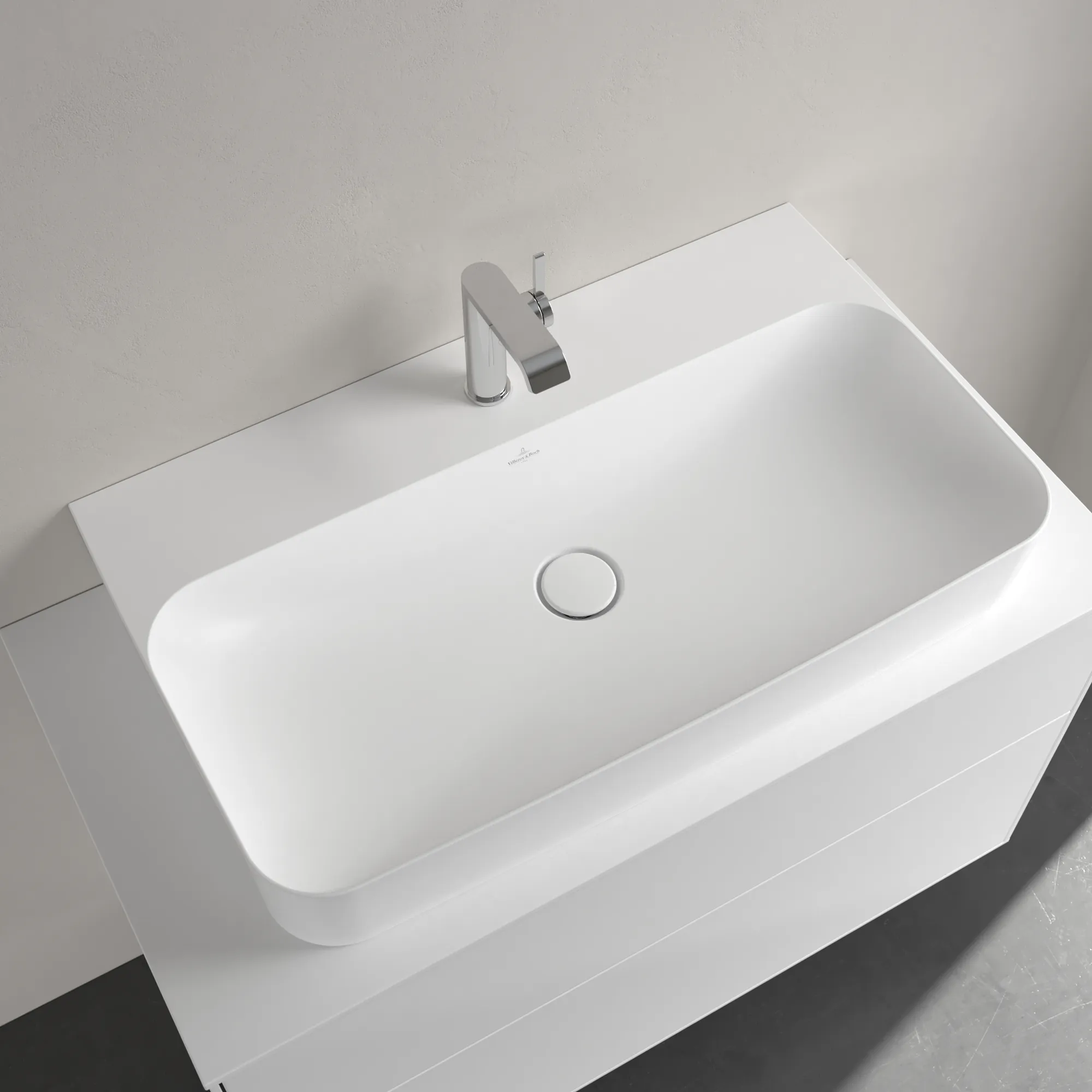 Villeroy & Boch Wandwaschtisch aus TitanCeram geschliffen „Finion“ 800 × 470 × 165 mm, mit Hahnlochbohrung, Hahnlochposition mittig in Stone White, mit CeramicPlus Villeroy & Boch Wandwaschtisch aus TitanCeram geschliffen „Finion“ 800 × 470 × 165 mm, mit Hahnlochbohrung, Hahnlochposition mittig in Stone White, mit CeramicPlus