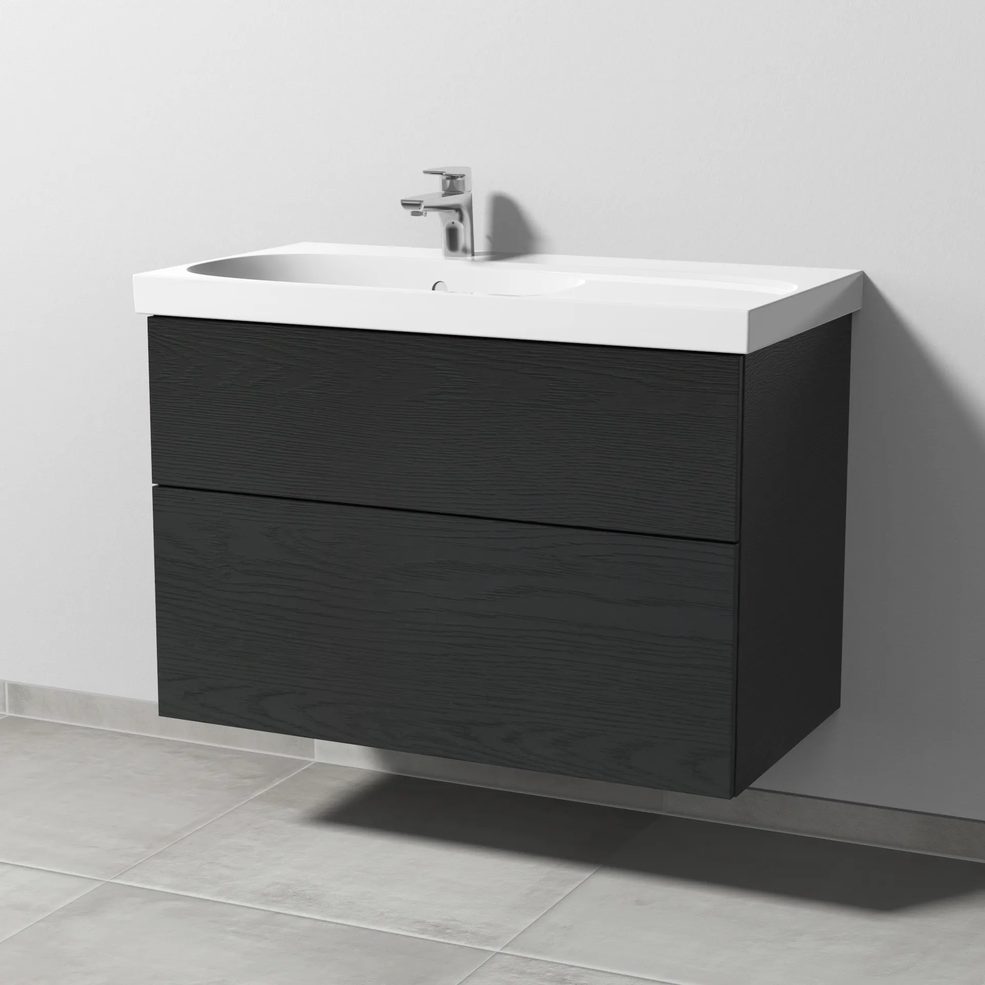 Sanipa Waschtischunterschrank „3way“ passend zu Keramik-Waschtische Acanto von Geberit 870 × 586 × 467 mm in Black Oak, Anschlag links, mit