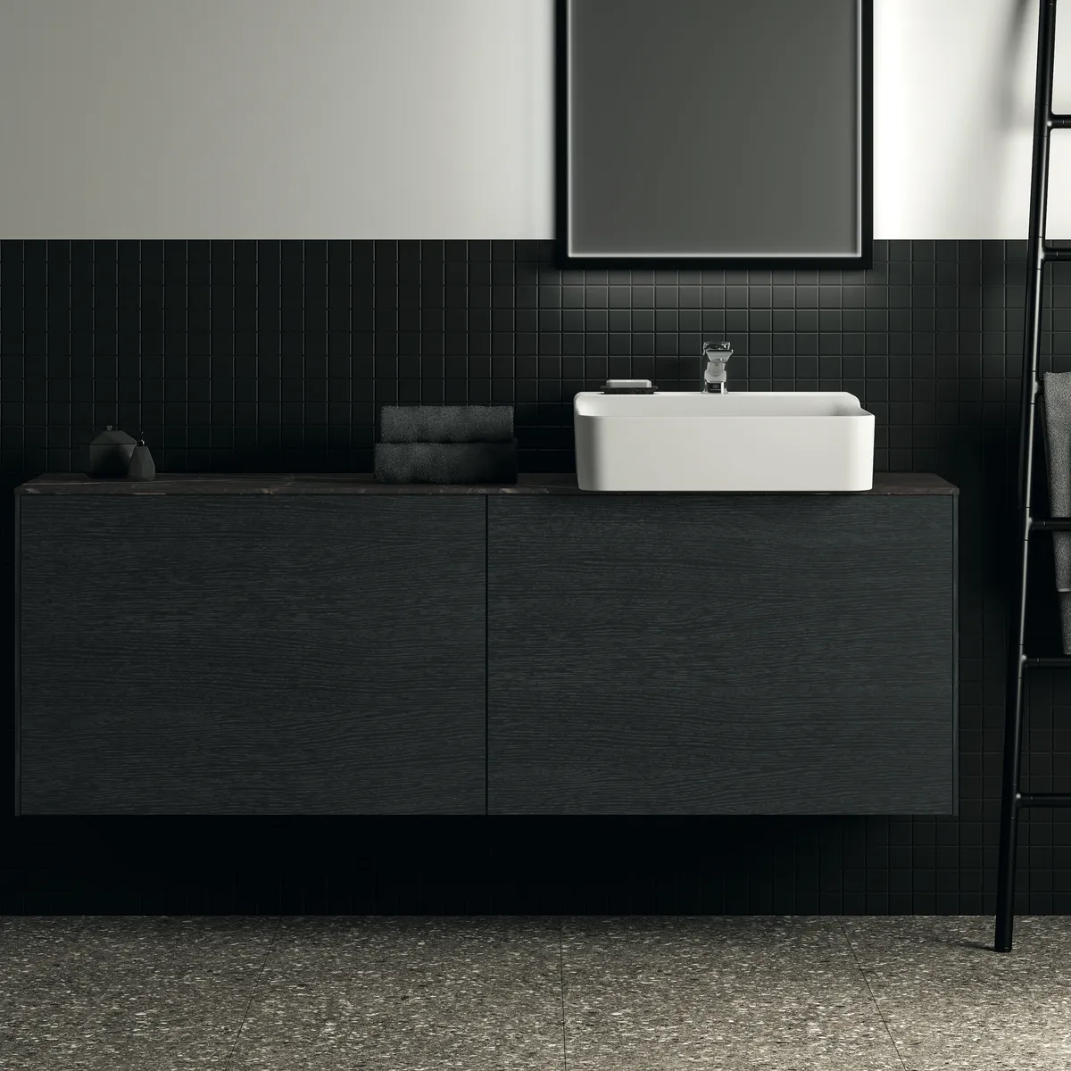 Waschtischplatte Conca, aus Keramik, 1587x373x6mm, Marmor Noir Desir