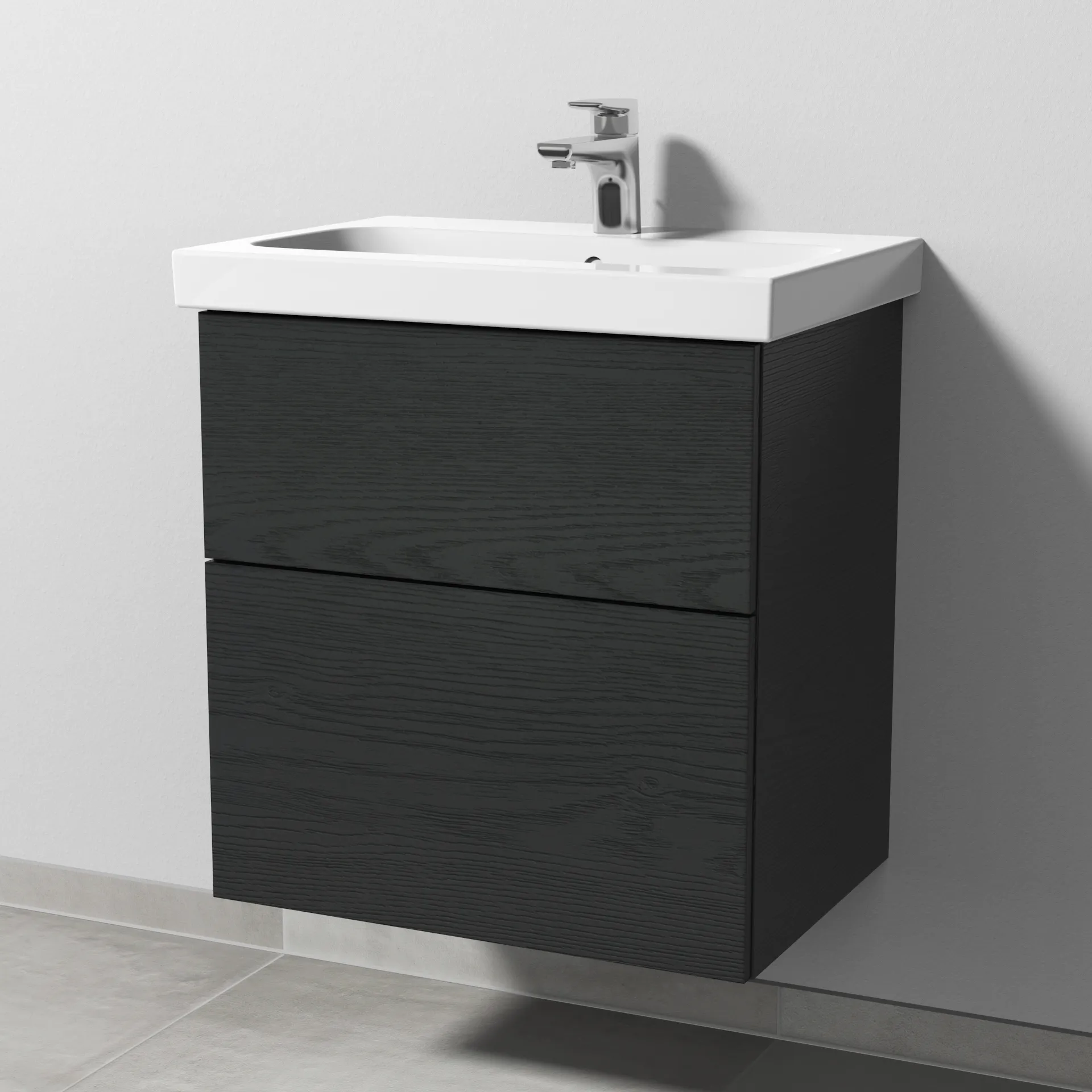 Sanipa Waschtischunterschrank „3way“ passend zu Keramik-Waschtische iCon Light von Geberit 560 × 591 × 407 mm in Black Oak, Becken mittig, mit