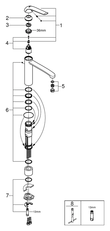 Einhand-Waschtischbatterie Euroeco Special 30208, hoher Auslauf, Einlochmontage, glatter Körper, Hebellänge 170 mm, chrom