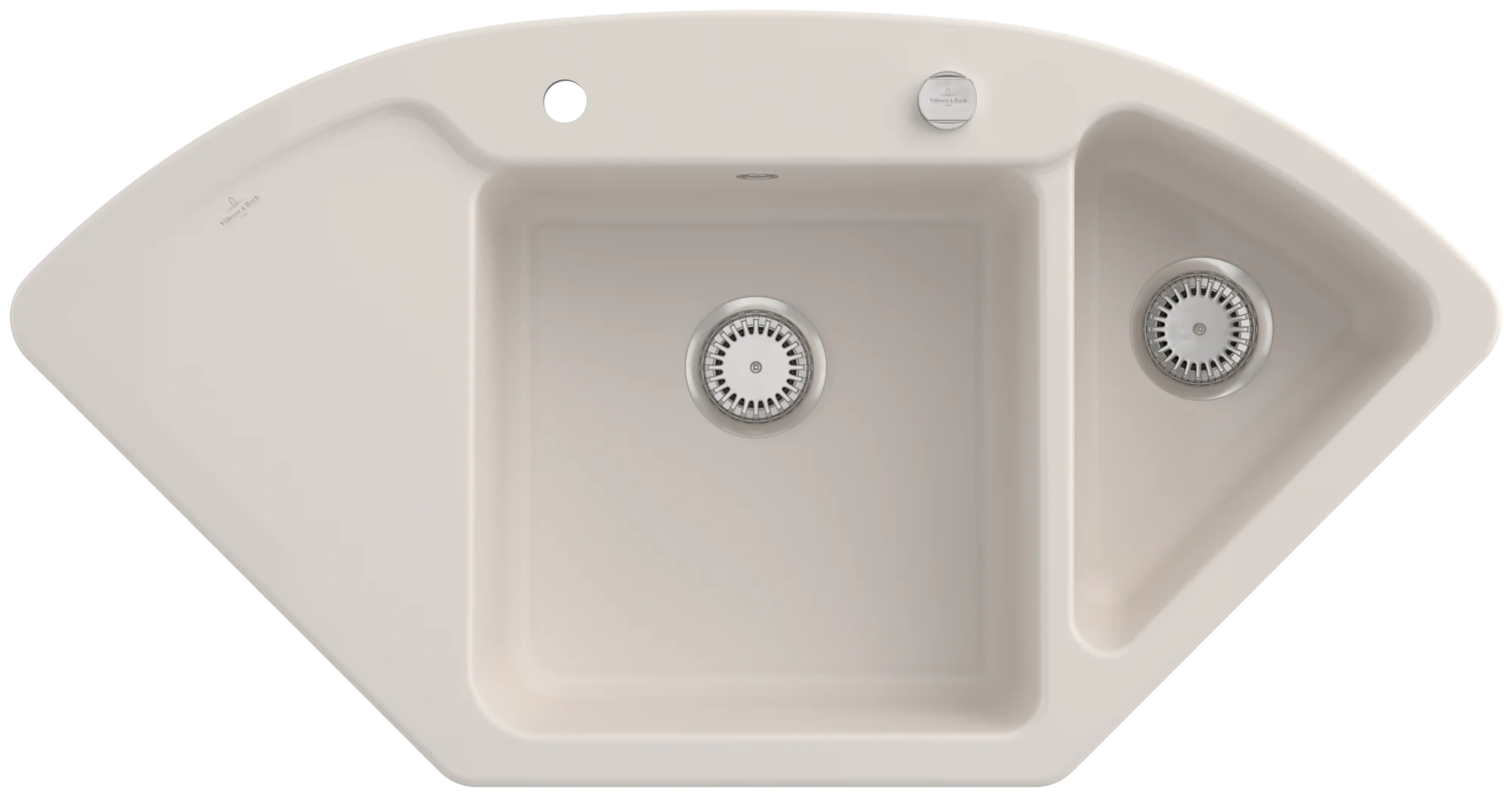Villeroy & Boch Eckspüle Subway Style Eck Crema CeramicPlus 1115x580 mm, 200 mm Höhe, Hauptbecken 445x350 mm und 1075x600 mm, Excenter-Ablaufgarnitur, Edelstahl-Körbchen und -Ventilkelch