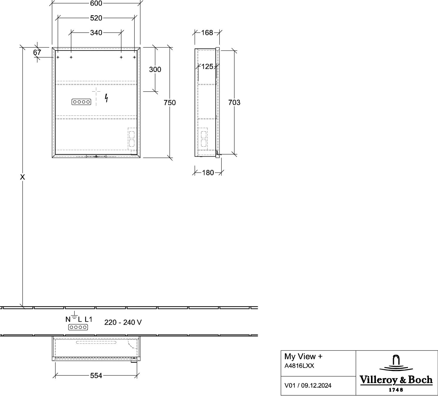 Villeroy & Boch Aufputz-Spiegelschrank My View+ A4816L 600x750x168mm mit Beleuchtung
