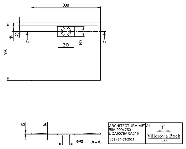 Villeroy & Boch rechteck Duschwanne „Architectura MetalRim“ 90 × 75 cm ohne Oberflächenbeschichtung, in Weiß Alpin