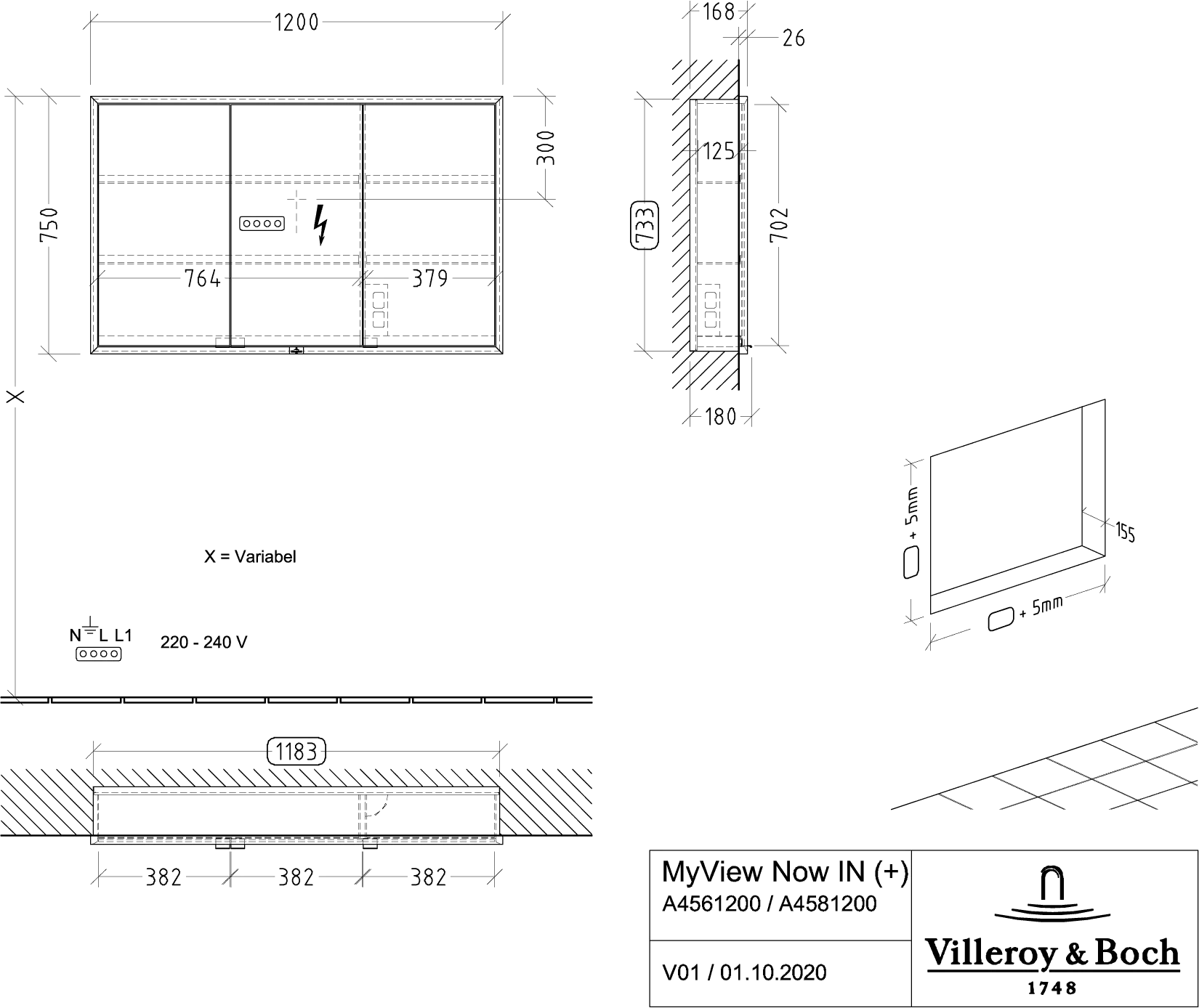 Villeroy & Boch Einbau-Spiegelschrank My View Now, 1200x750x168 mm, glänzend, mit Beleuchtung und Absenkautomatik
