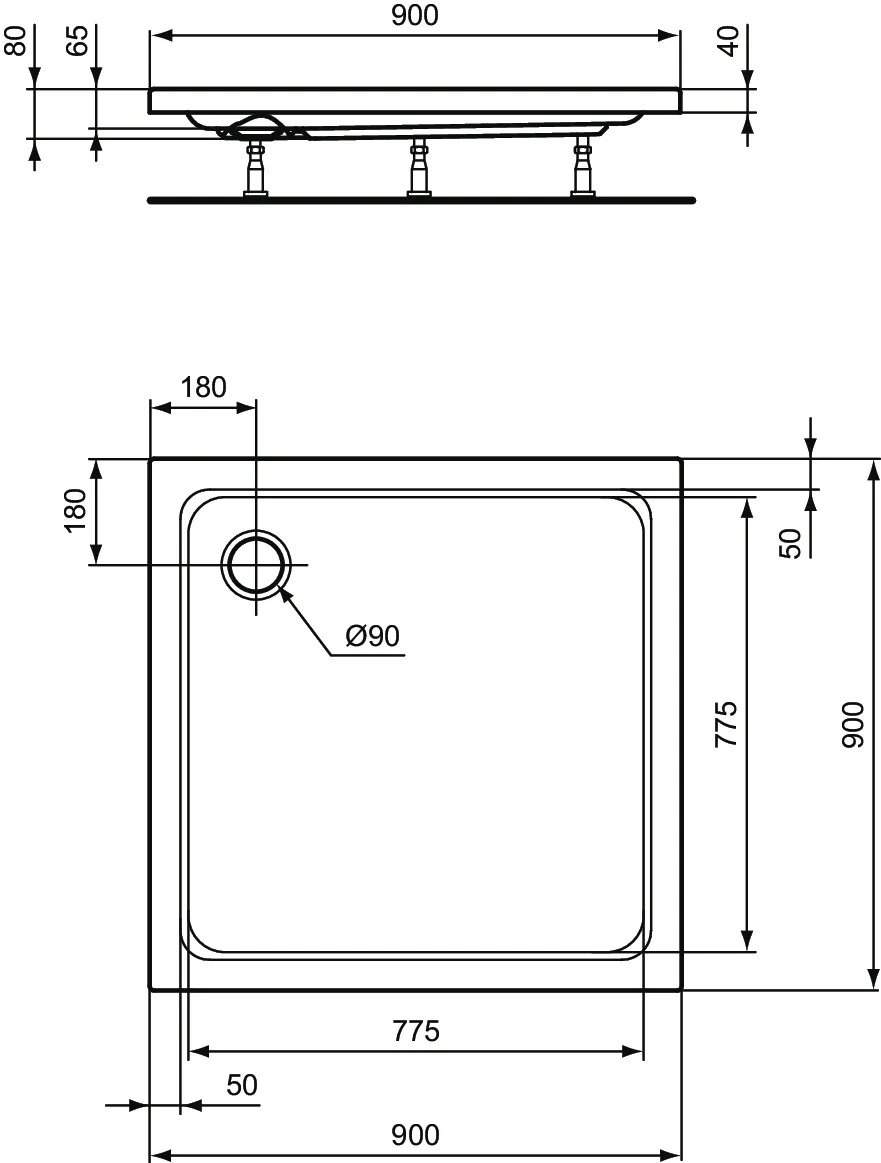 Ideal Standard Quadrat-Brausewanne Hotline Neu, Weiß, 900x900x80mm
