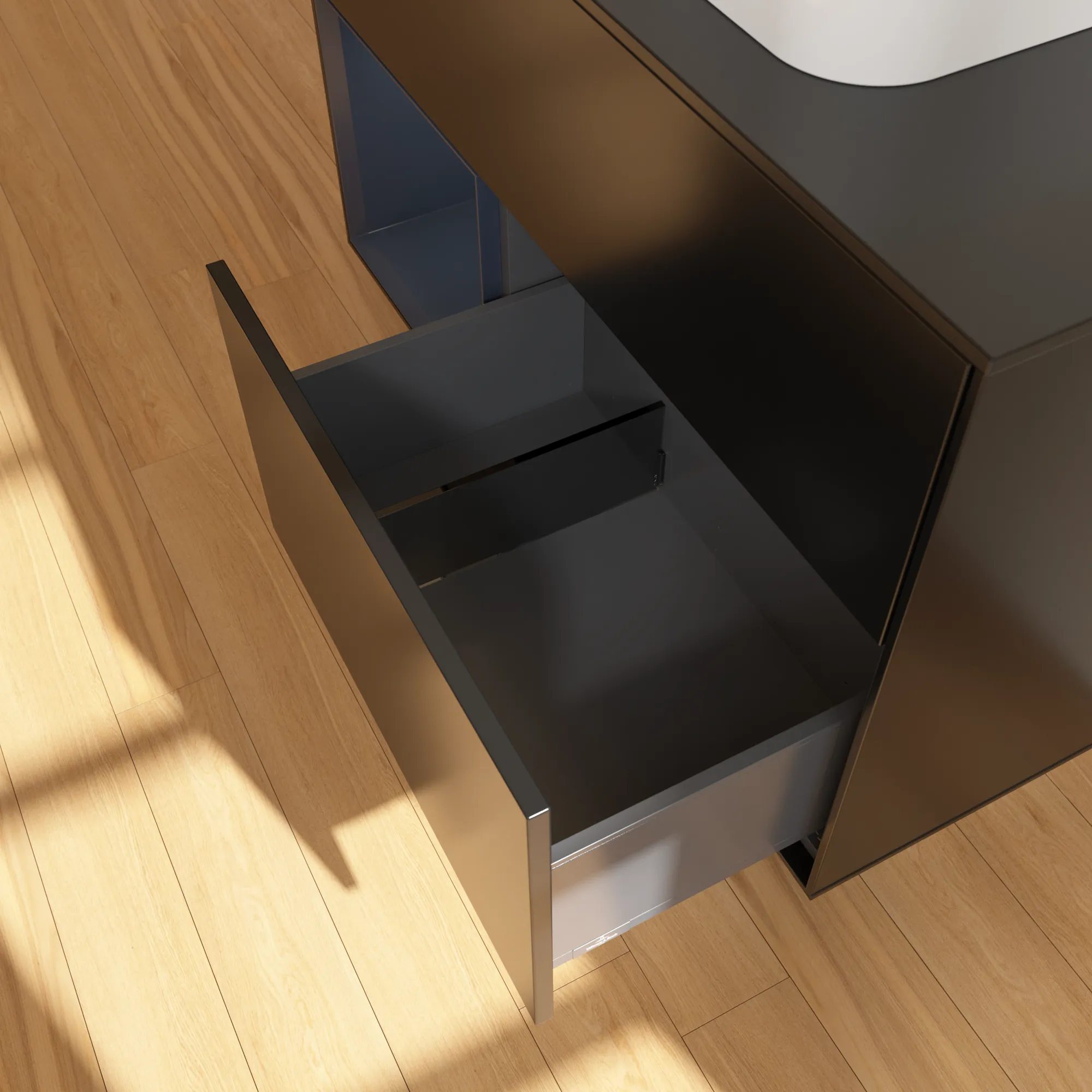 Villeroy & Boch Waschbeckenunterschrank Finion F36, 1000x603x501 mm, Black Matt Lacquer mit Midnight Blue Regal, Beleuchtung dimmbar, SoftClosing, Push-to-Open